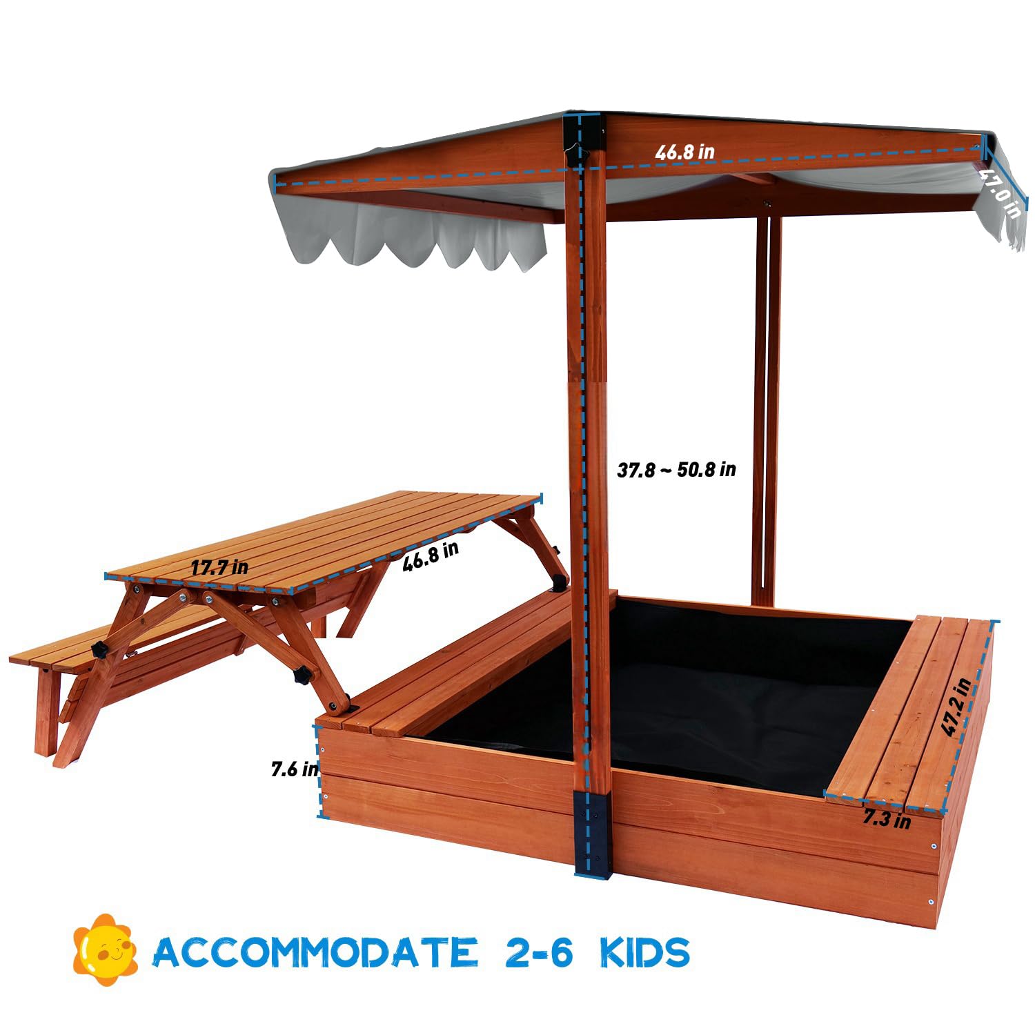 Wooden Kids Sandbox with Adjustable Canopy and Convertible Picnic Table