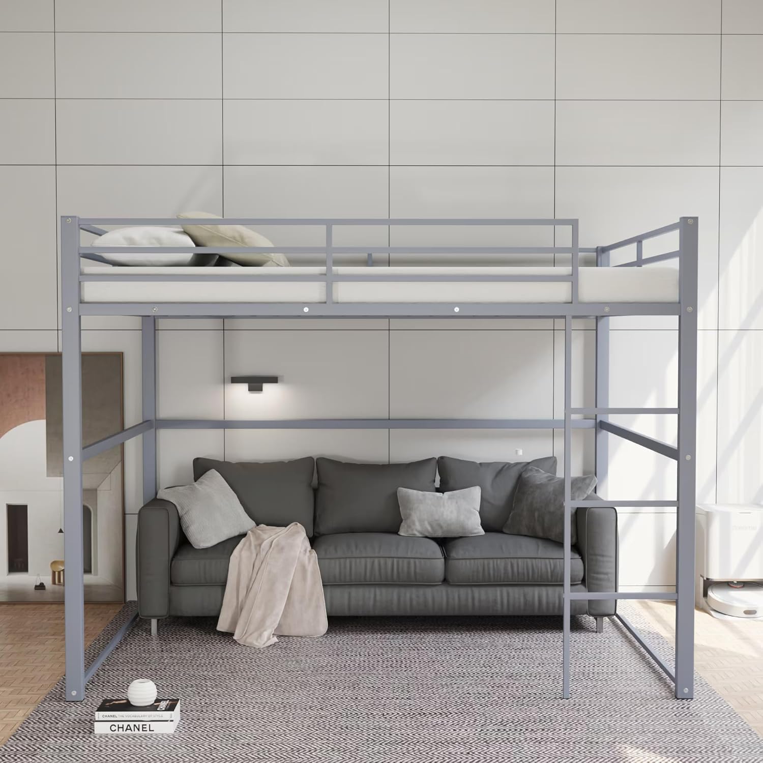 Full Size Metal Loft Bed with Ladder and Safety Rails