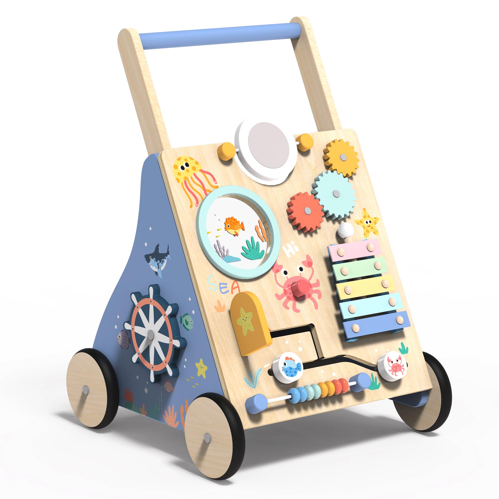 Wooden Baby Walker with Activity Center, Montessori Push Walker Toy for Babies