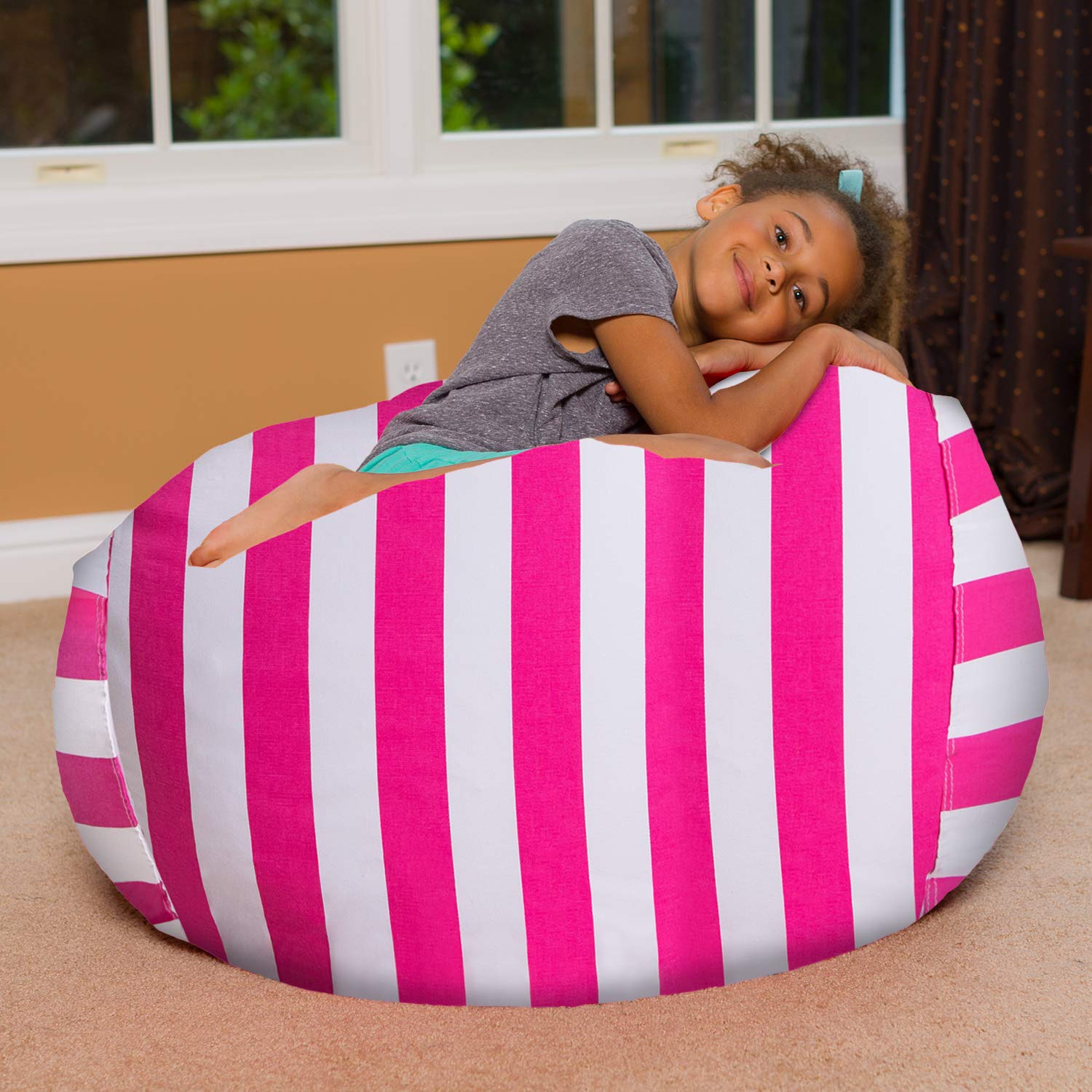 Large Bean Bag Chair with Removable Washable Cover - Pink White Canvas Stripes