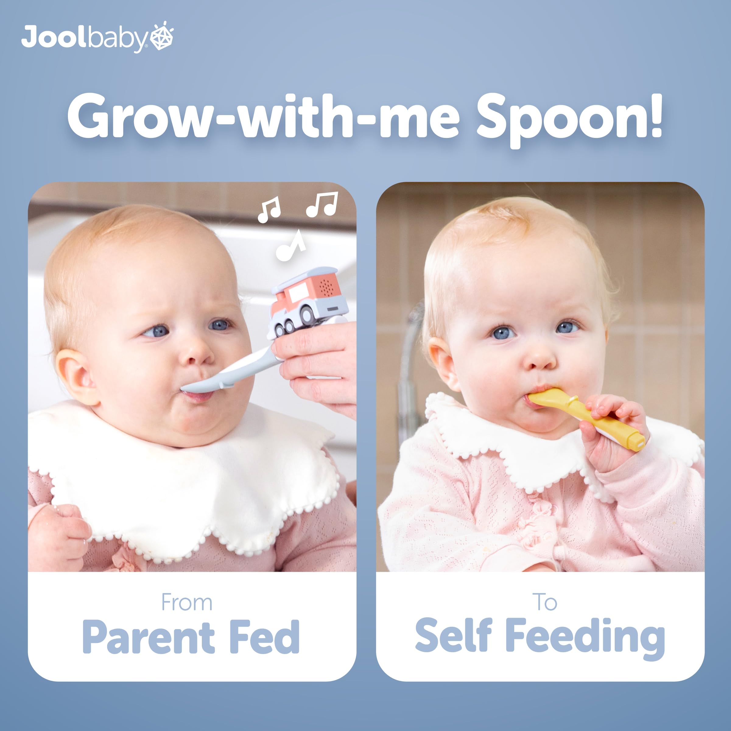 Jool Baby Musical Baby Spoons, 3 Spoons + Car with Fun Sounds - Multi-Stage Spoon for Infant Feeding & Training Babies 6+ Months to Self-Feed
