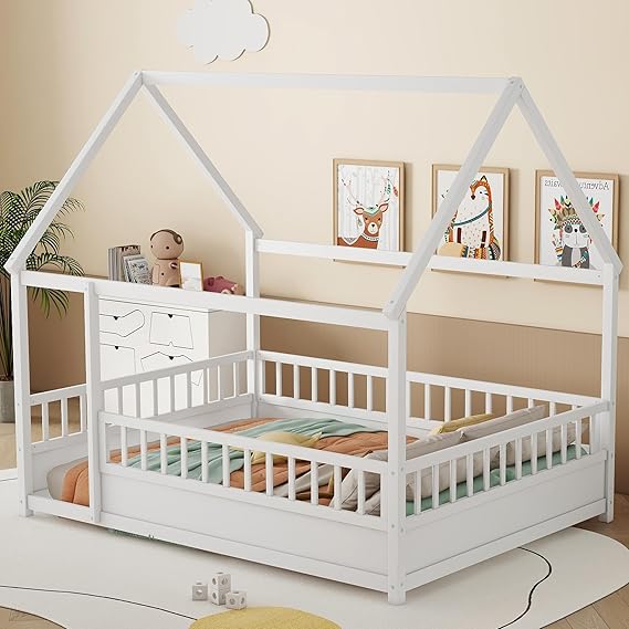Kids Montessori Twin Size Floor Bed with High Fence, House Bed for Kids, Wooden, Gray