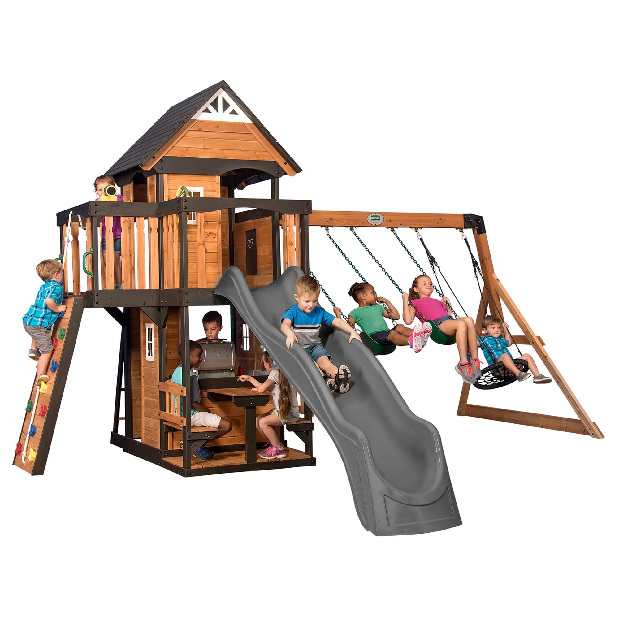 Cedar Wood Swing Set with Wave Slide, Clubhouse, Rock Wall, and Picnic Area for Kids Ages 3-10