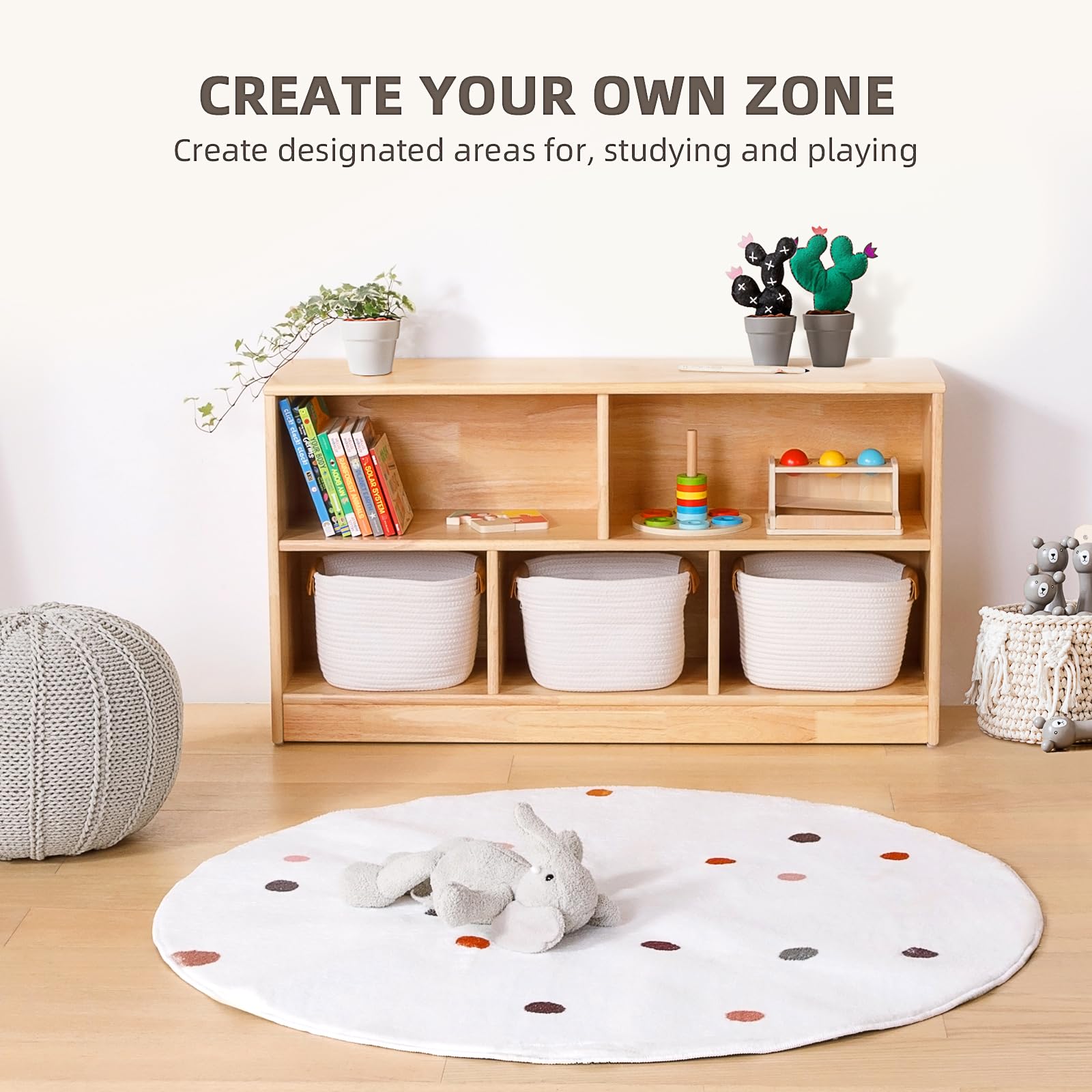 5-Compartment Wooden Storage Shelf - 2-Tier Toy Organizer Cabinet