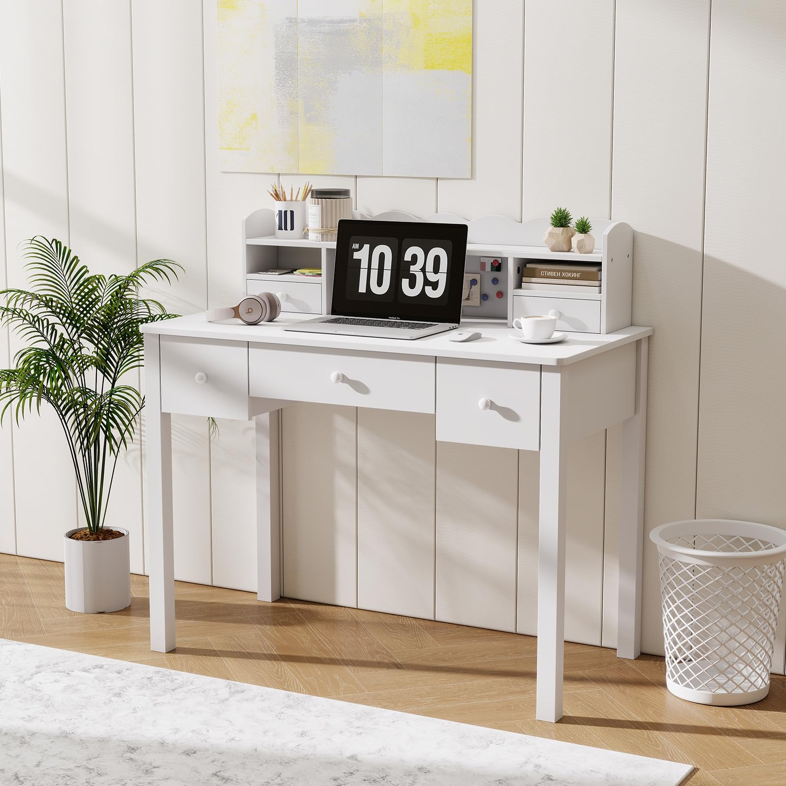White Writing Desk with Hutch and Drawers 40 Inch