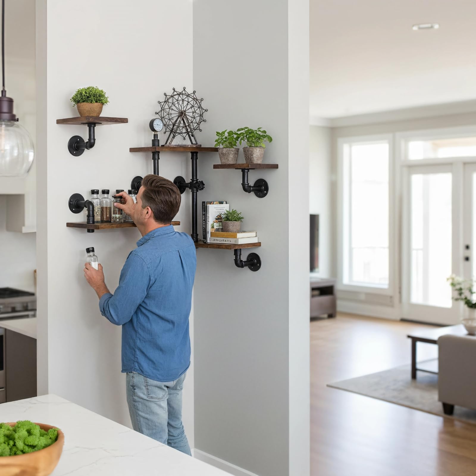 Industrial Wood Ladder Pipe Wall Shelves