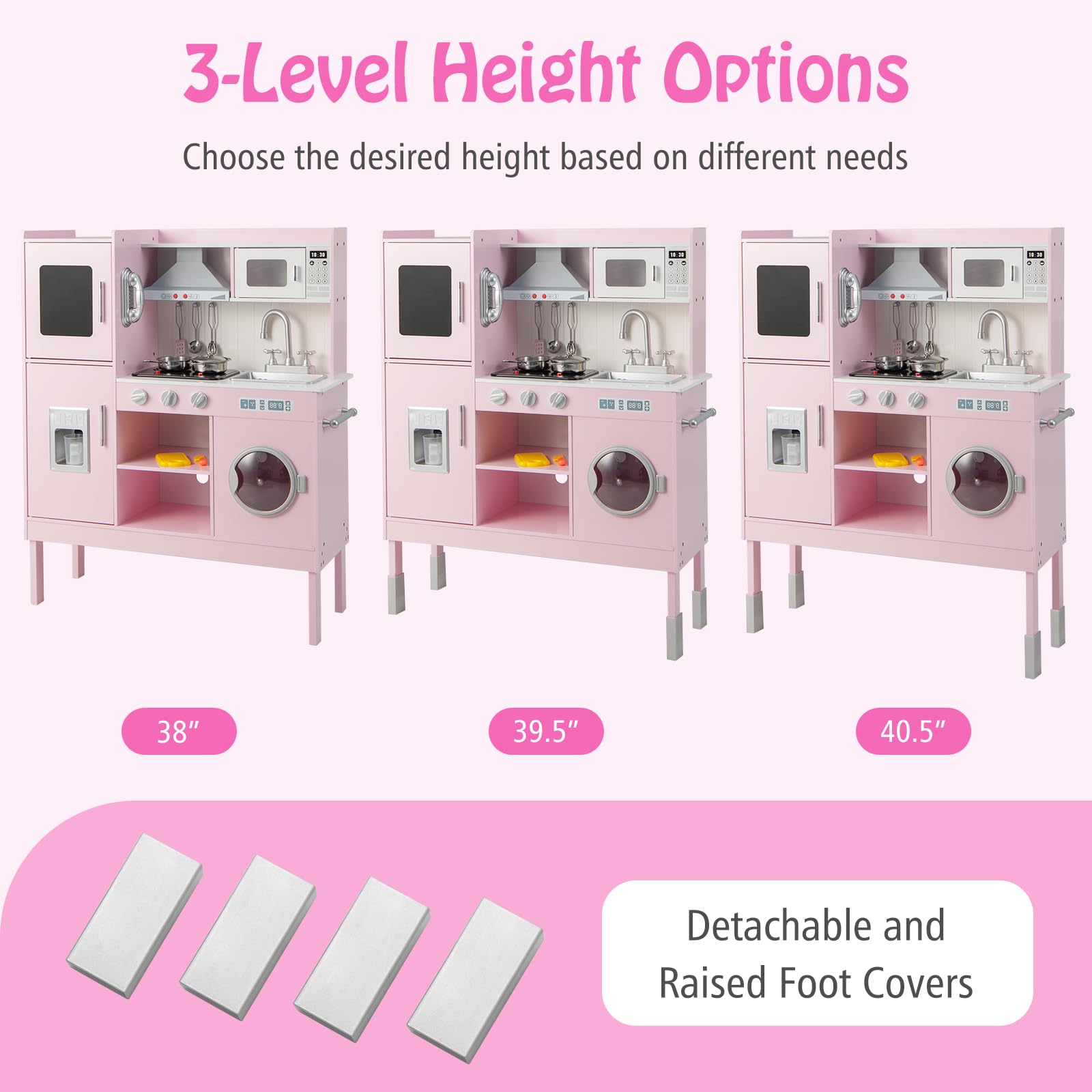 Wooden Kids Kitchen Playset with Sound & Light - Adjustable Height