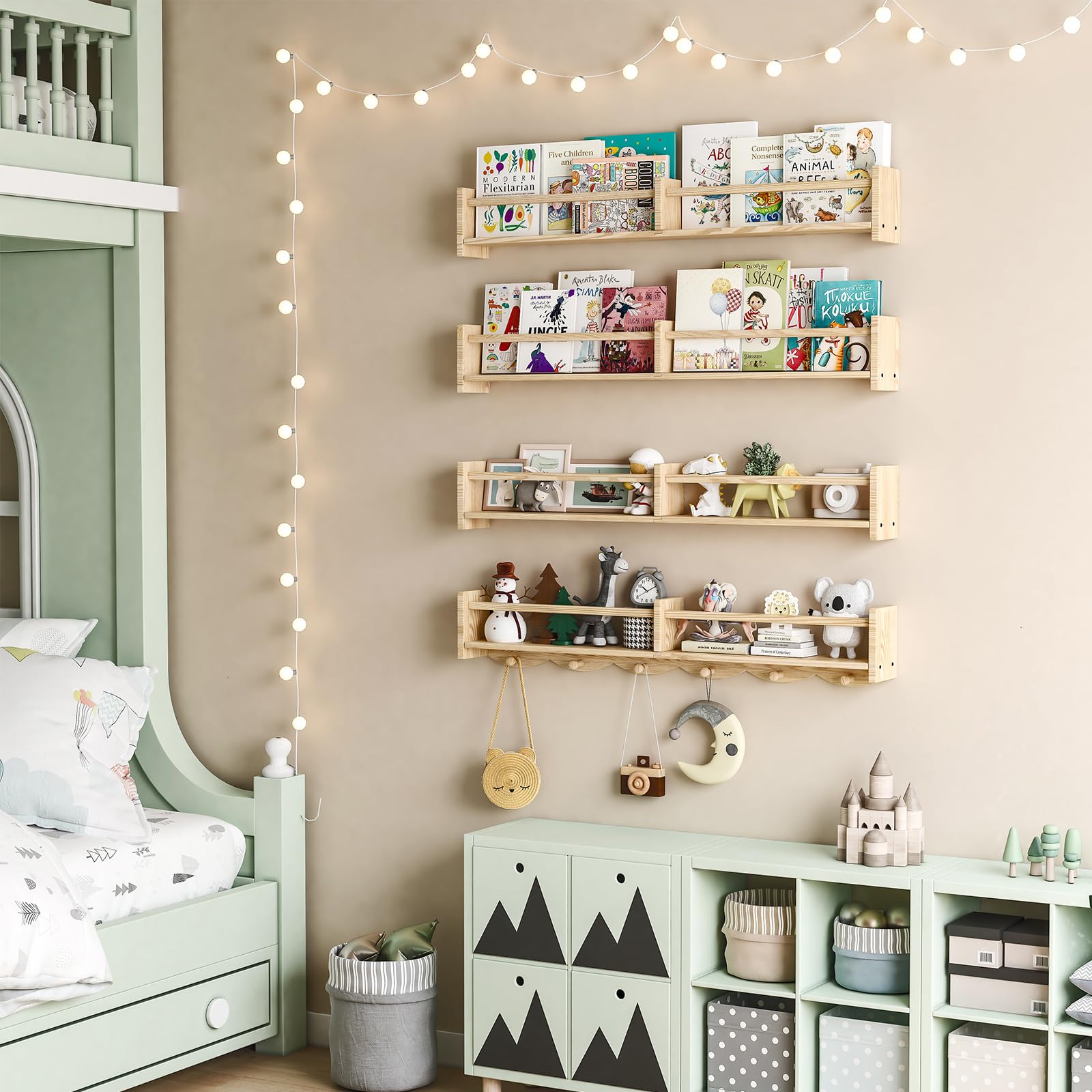 34 Inch Nursery Floating Bookshelves with Hooks - Set of 4