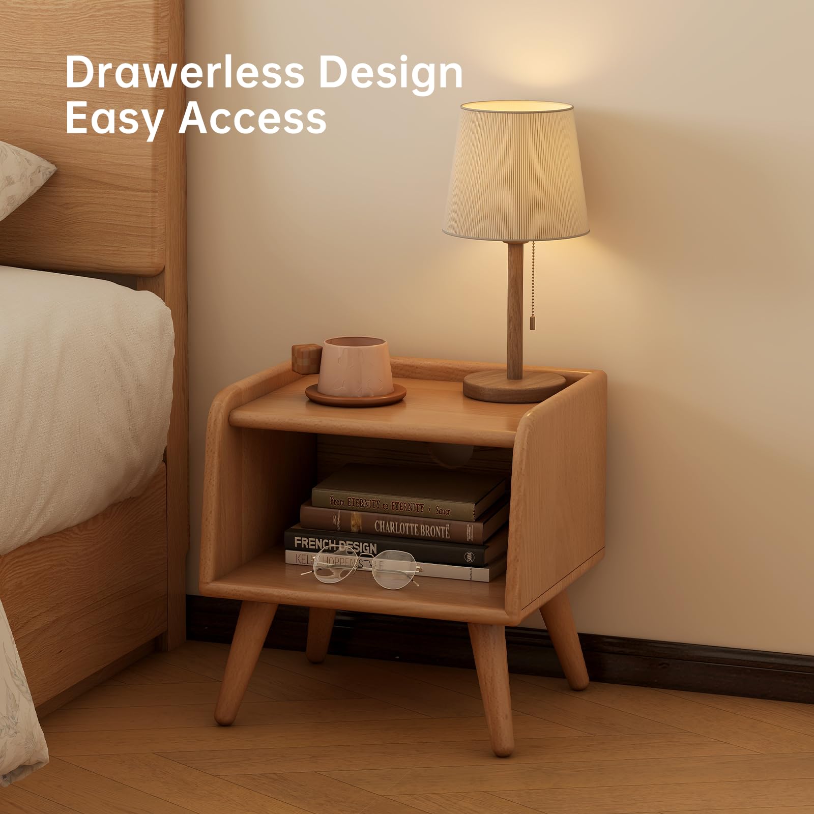 Solid Wood Nightstand with Open Storage Shelf