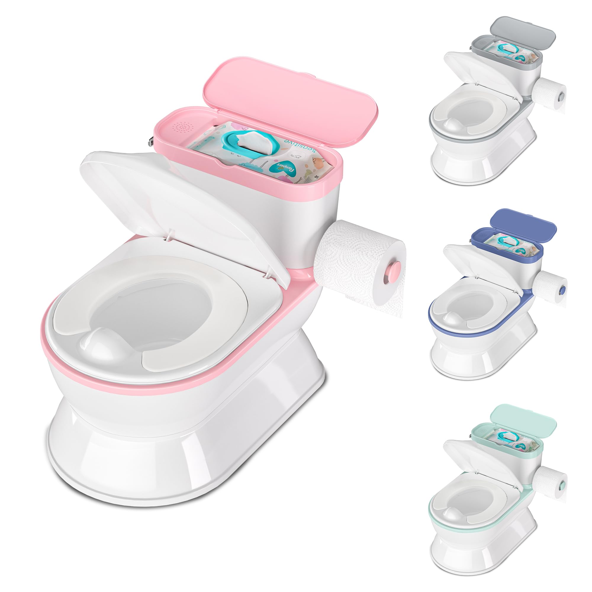 CheerTry 2-in-1 Toddler Potty Training Toilet - Larger Potty Chair & Detachable Training Seat for Boys & Girls Ages 1-3 with Flushing Sound, Wipes Storage, Toilet Paper Holder - Pink