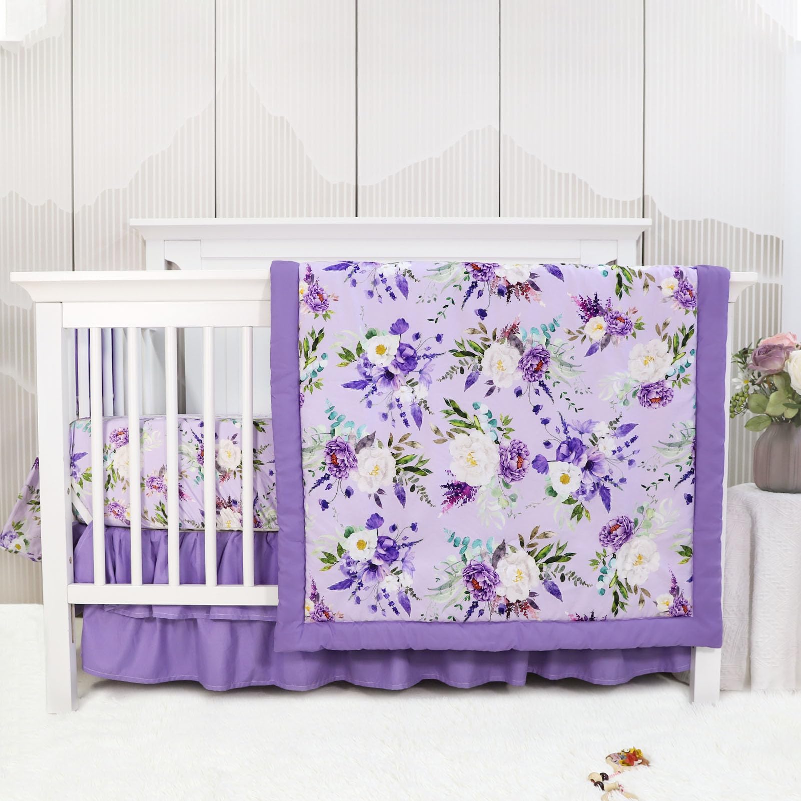 CARUILI Crib Bedding Set for Girls, Purple Baby Crib Bedding Set 4 Piece, Baby Girl Nursery Bedding Set Including Comforter, Fitted Crib Sheet, Crib Skirt, Diaper Stacker, Floral