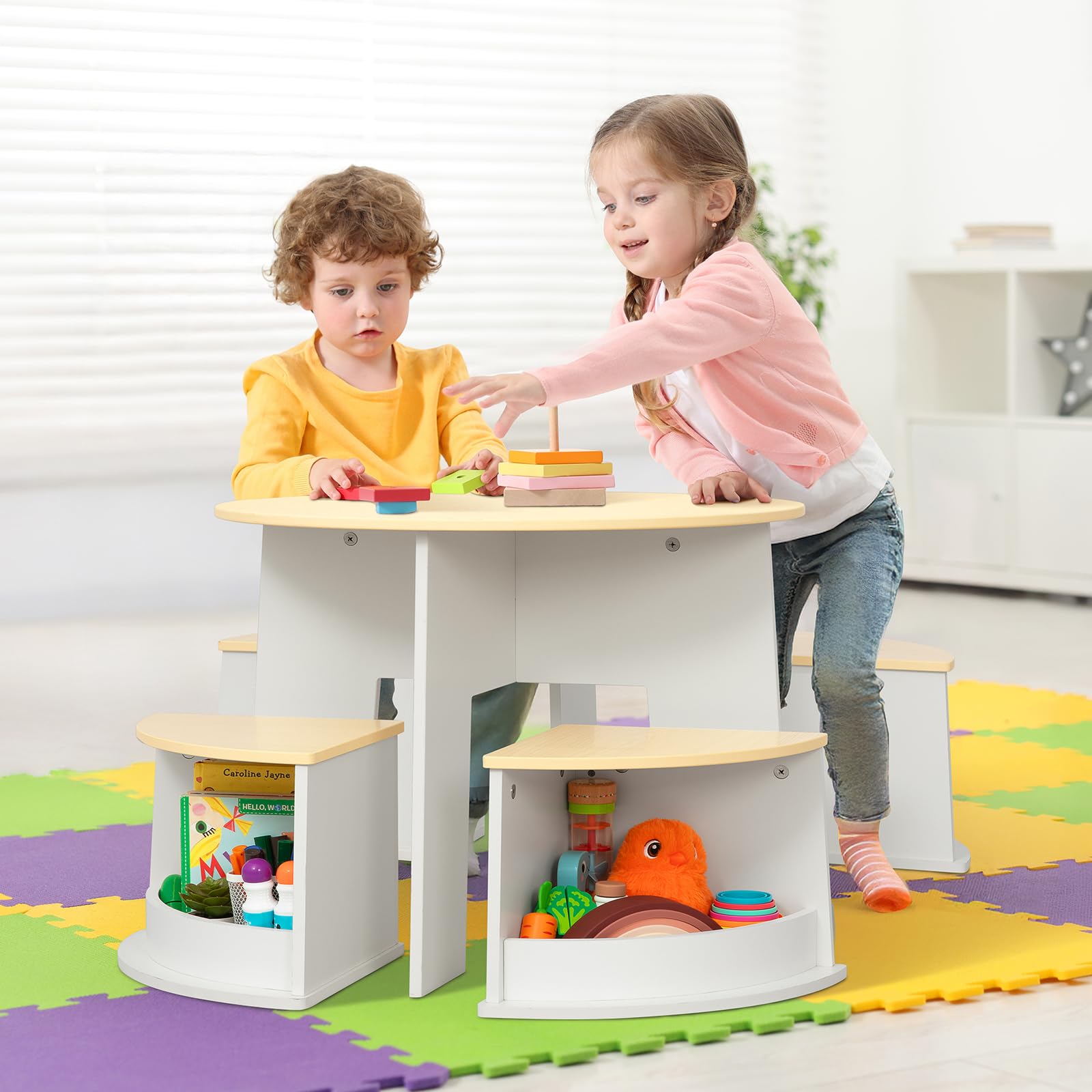 Toddler Table and Chair Set, Wooden Round Table with 4 Storage Stools