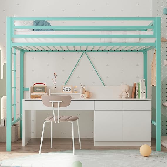 Metal Loft Bed Twin Size with Guardrail and Ladder