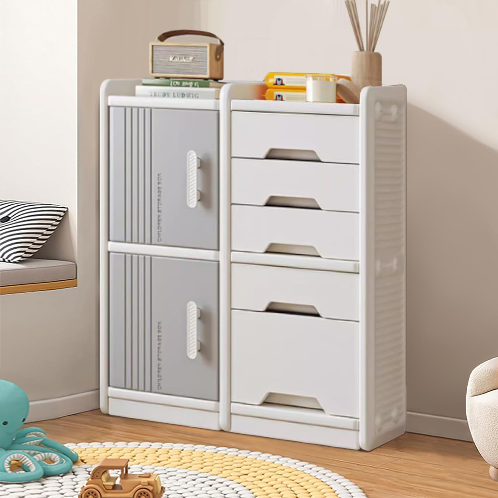 Kids Toy Storage Organizer with Drawers, Grey/White Toddler Toy Storage Shelf