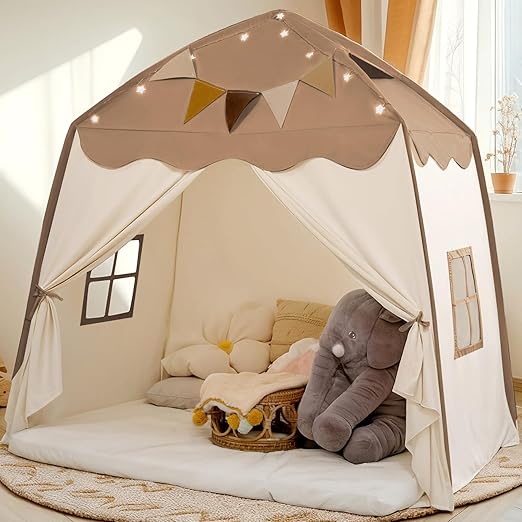 Extra Large Kids Play Tent with Flags & Star Lights, Portable & Foldable Teepee