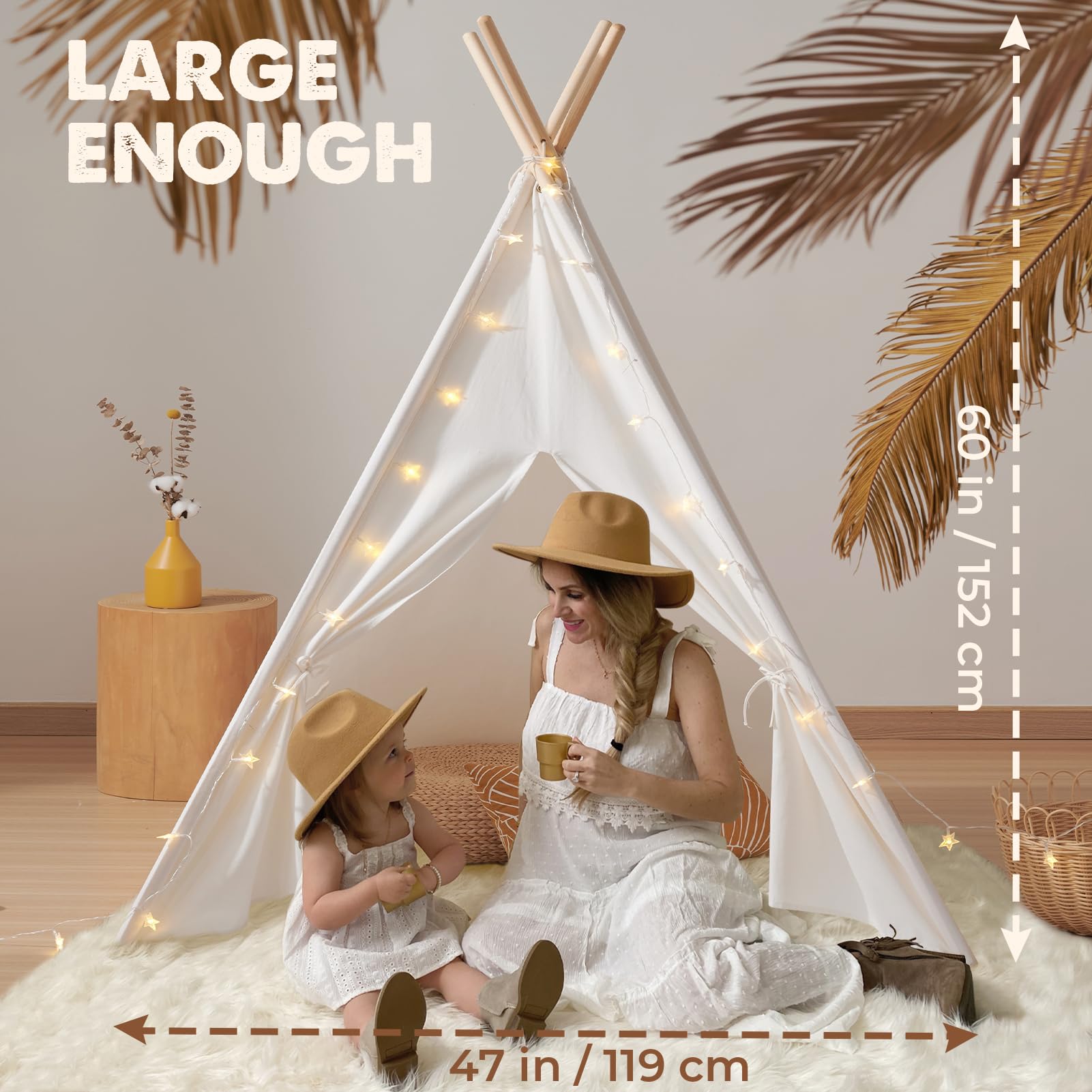 Cotton Teepee Tent for Kids with Mat and Lights