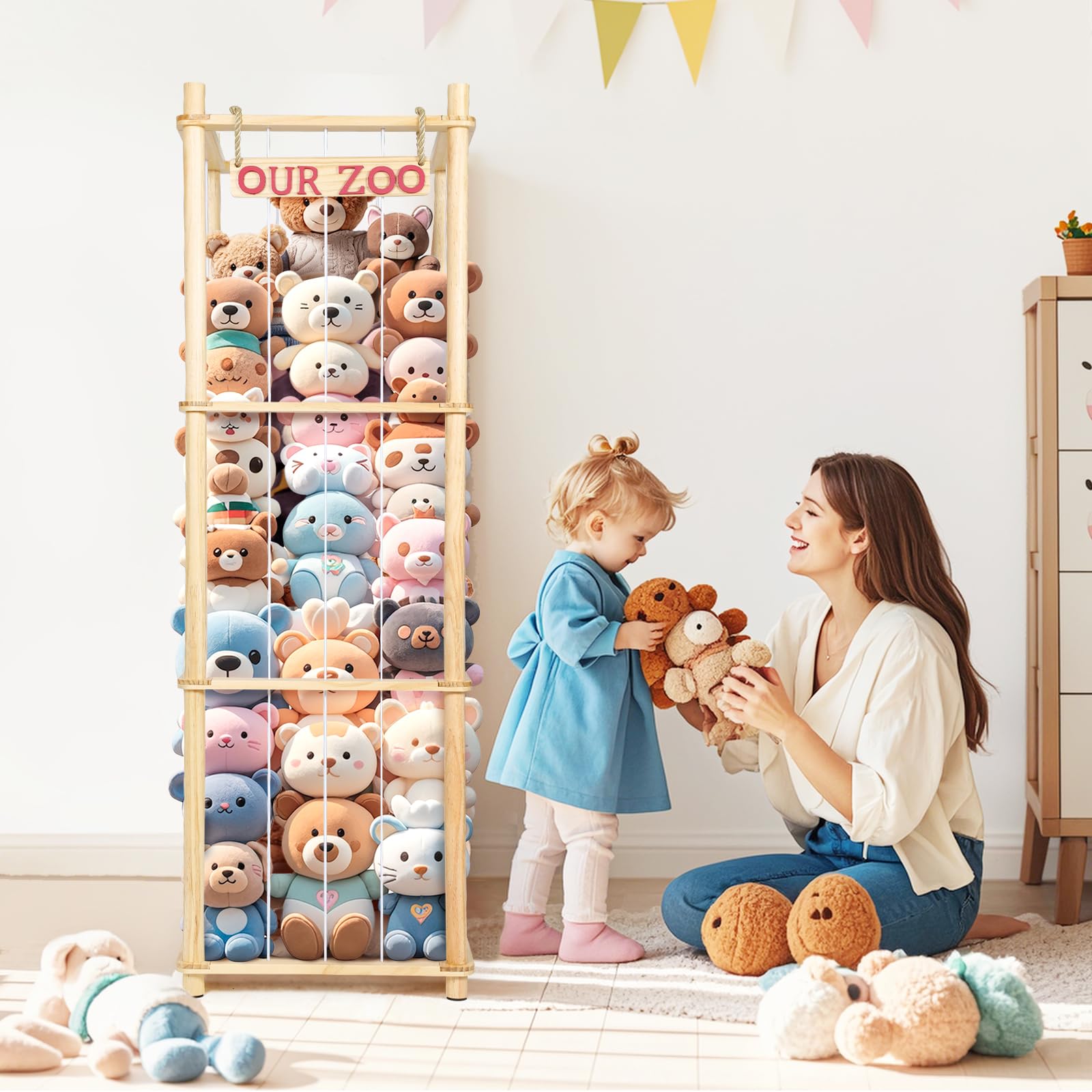 Stuffed Animal Storage - Tall Natural Pine Wood Toy Organizer