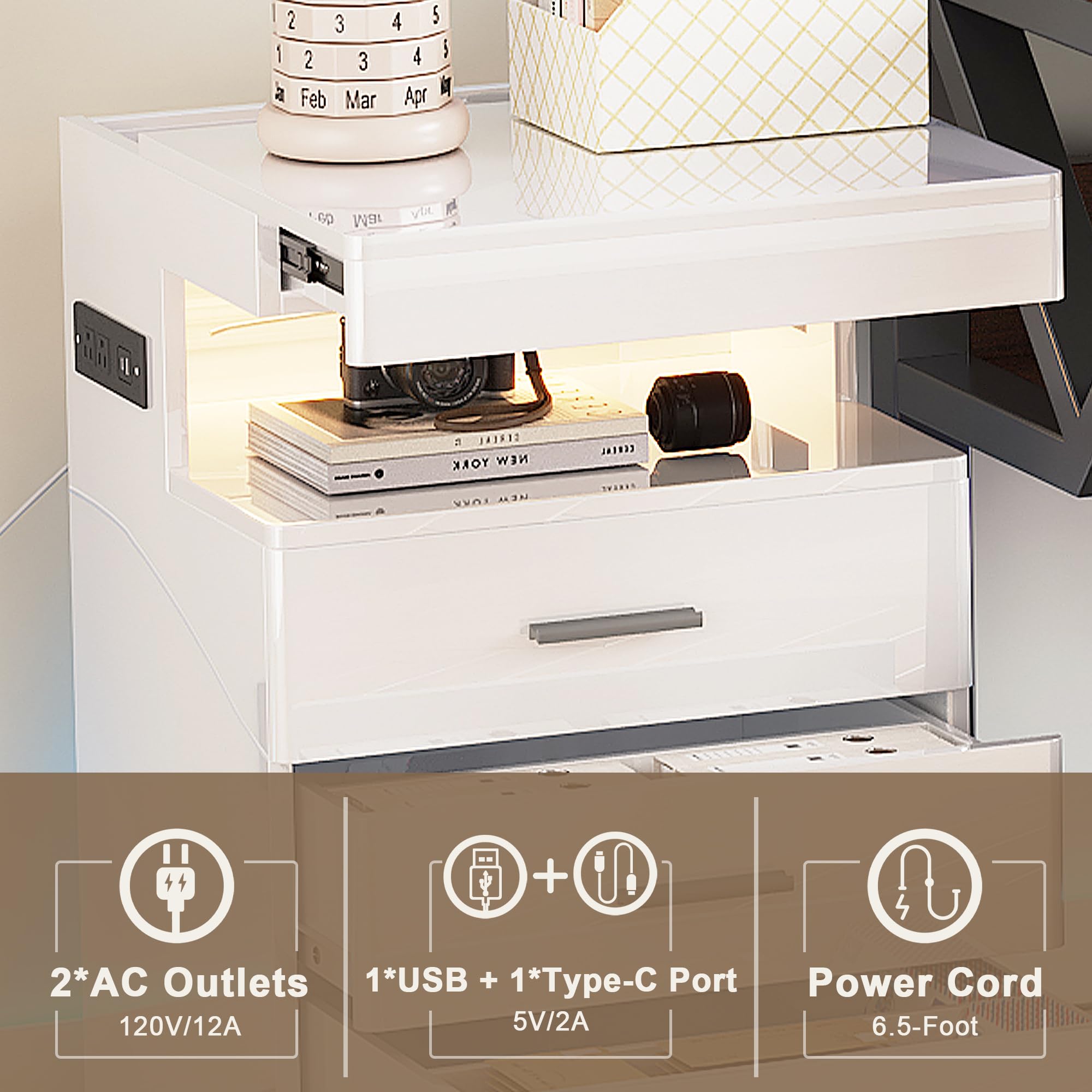 LED Nightstand with Charging Station and Hidden Storage