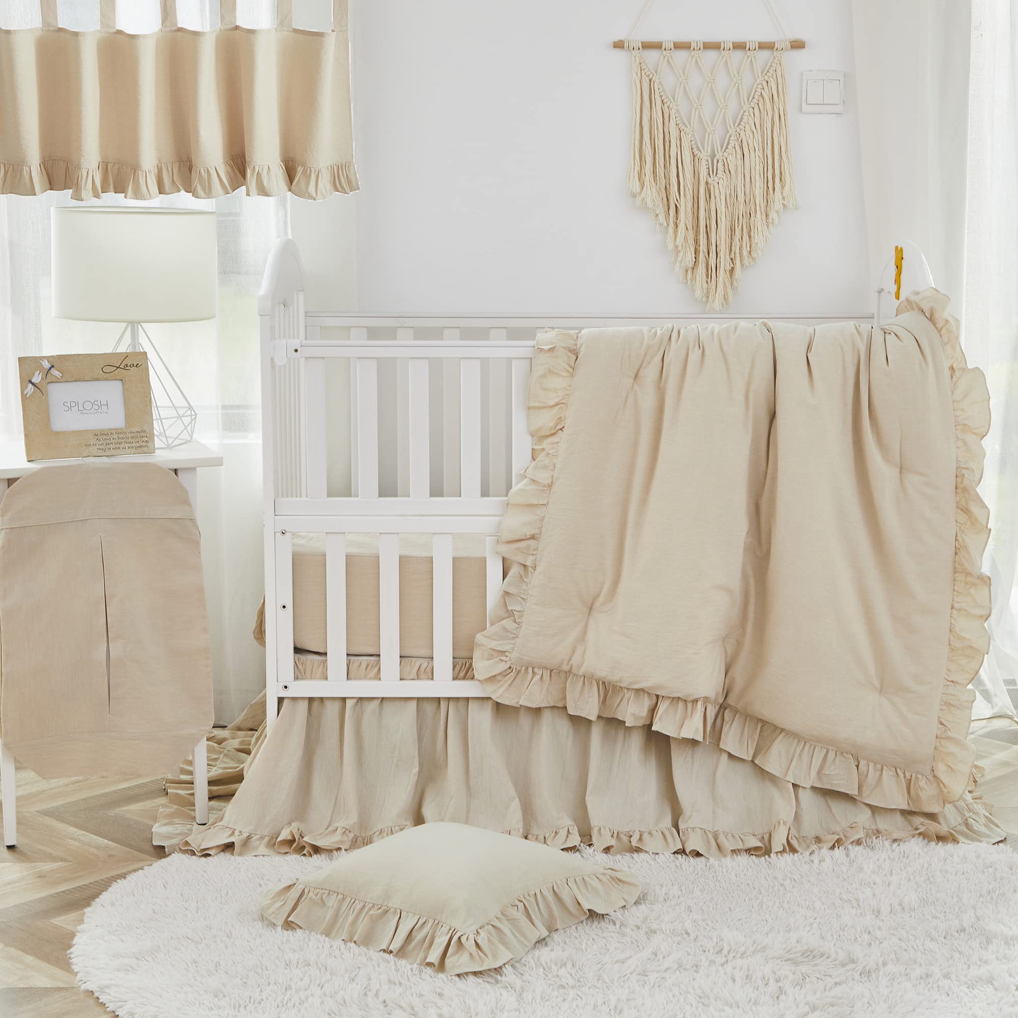 Boho Bohemian Girl Baby Nursery Crib Bed Skirt Dust Ruffle - Neutral Solid Color Beige