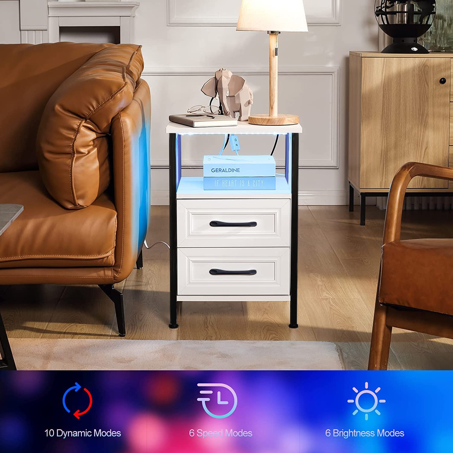 Nightstand with Charging Station and RGB Lights