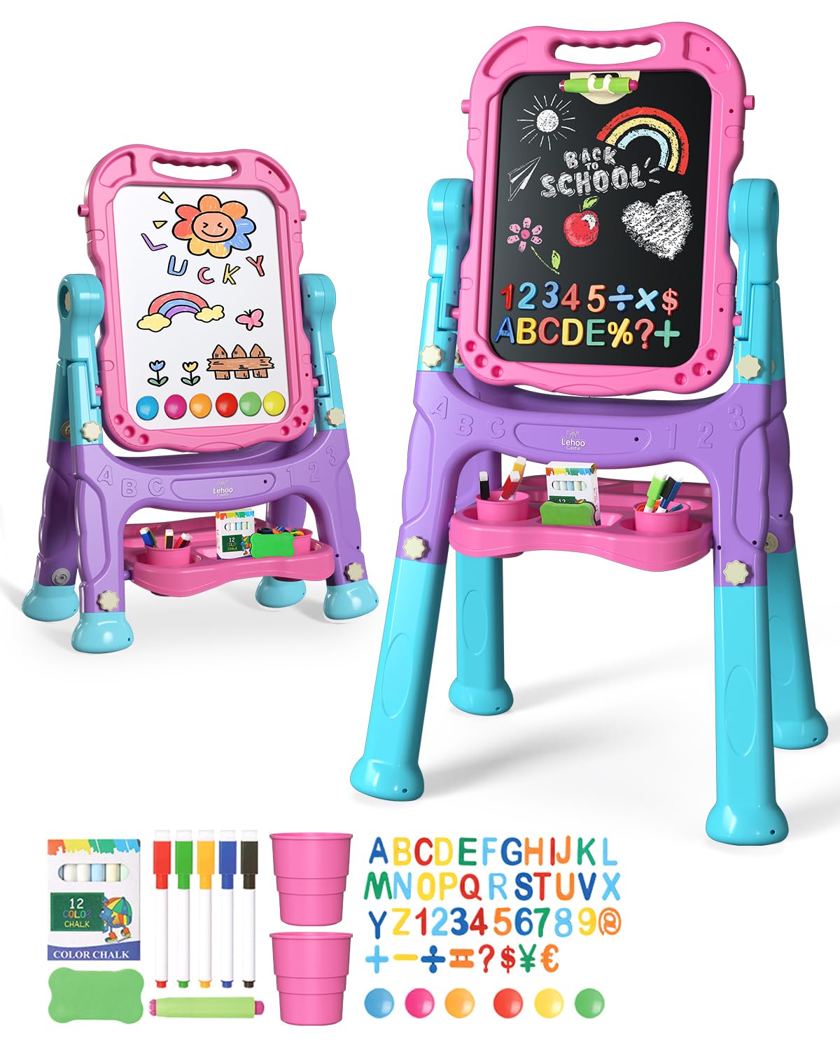 Lehoo Castle Easel for Kids, 4 in 1 Double Sided Kids Art Easel with Magnetic White Board & Chalk Board, Adjustable Standing Toddler Easel with Drawing & Writing Accessories (Blue, Purple, Pink)