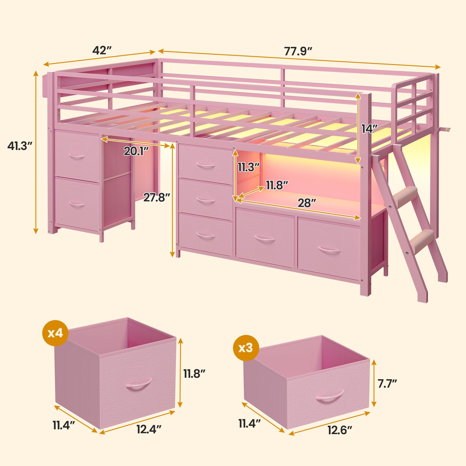 Twin Low Loft Bed with Storage Drawers and LED Lights
