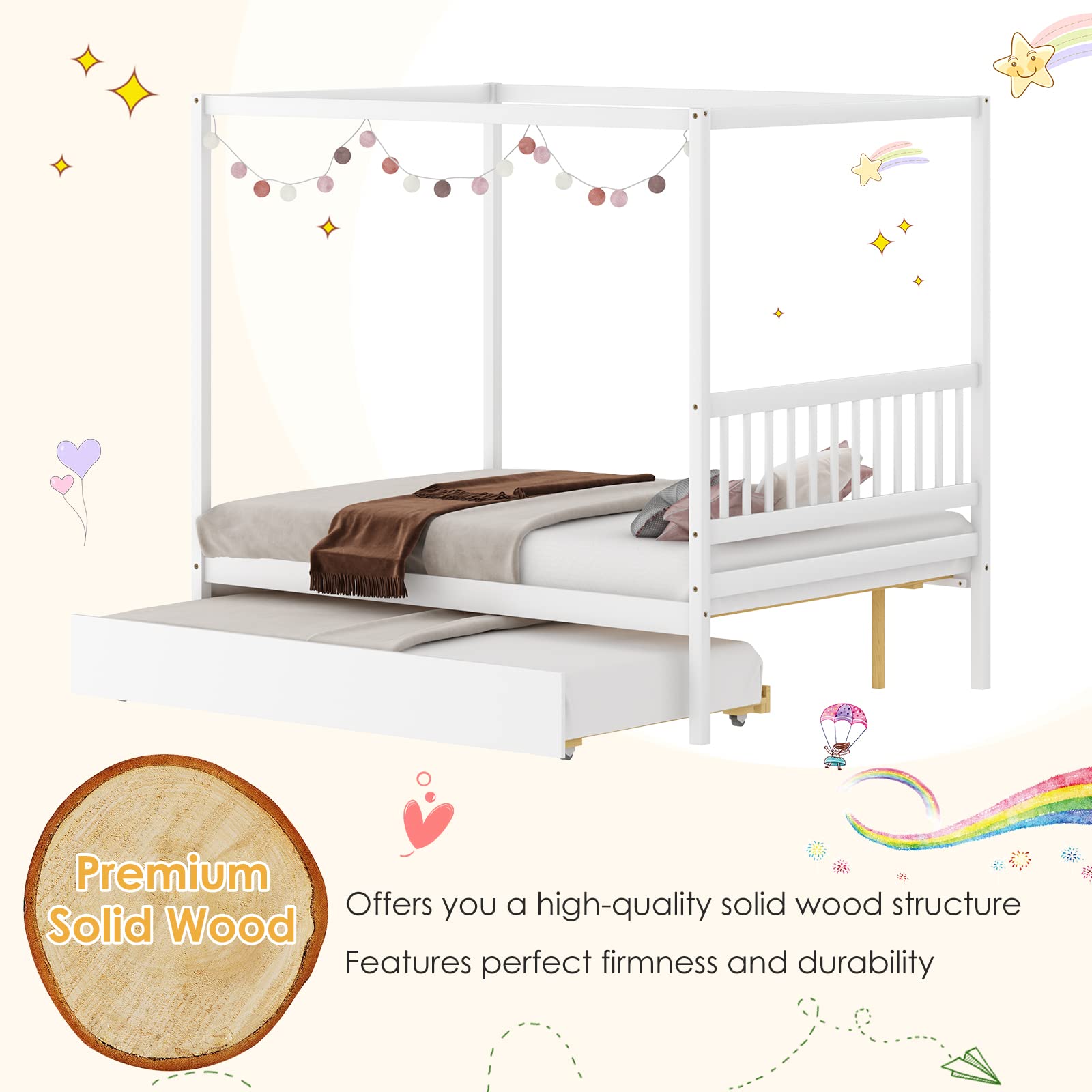 Full Size Canopy Bed with Trundle for Kids