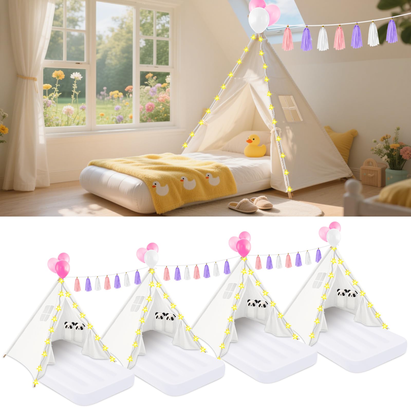 Kids Teepee Tent Set with Inflatable Mattress and Decorations