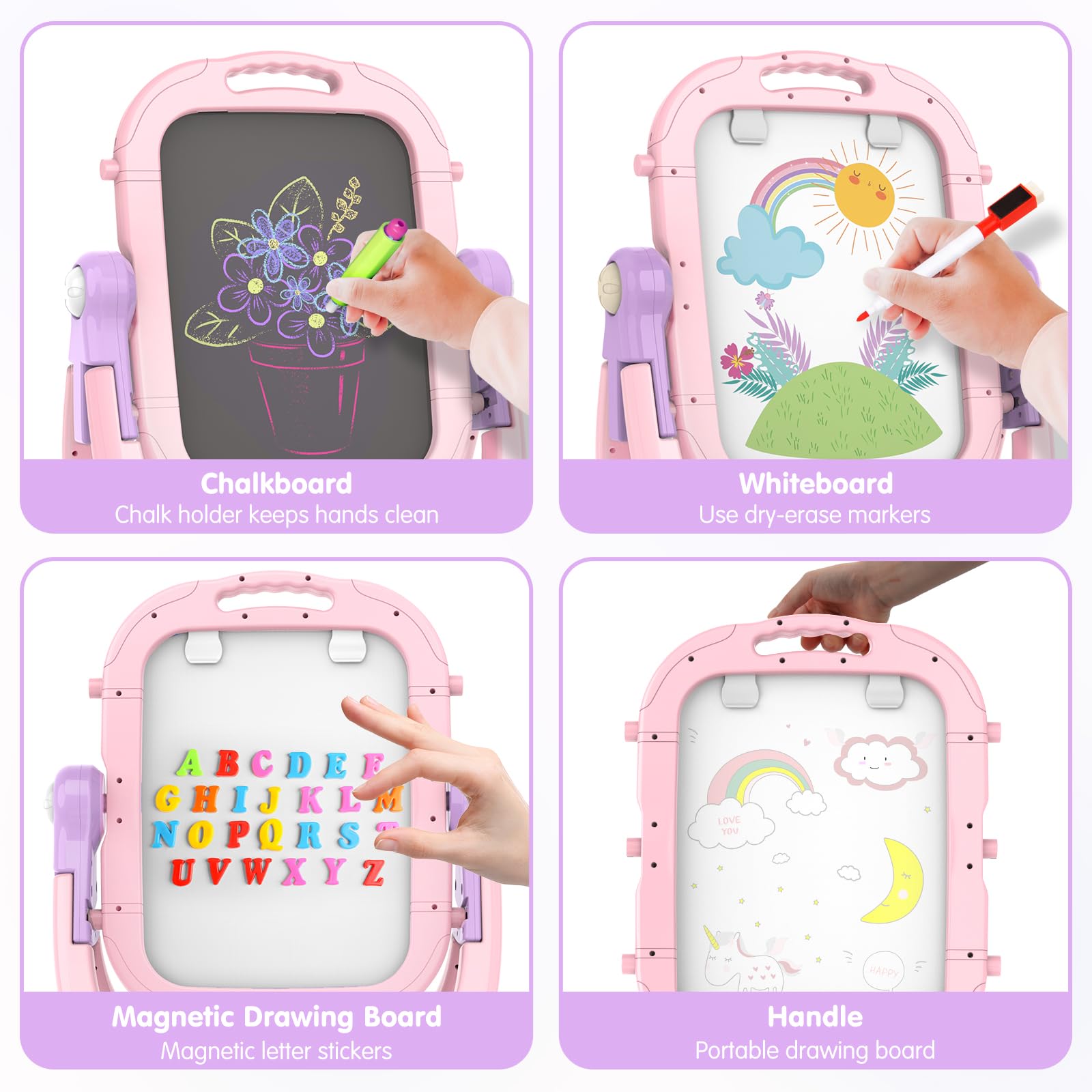 PUPPSITTY Easel for Kids, Adjustable Standing Rotatable Double Sided Toddlers Art Easel with Painting Accessories, Drawing Board Gift for Boys and Girls, Pink