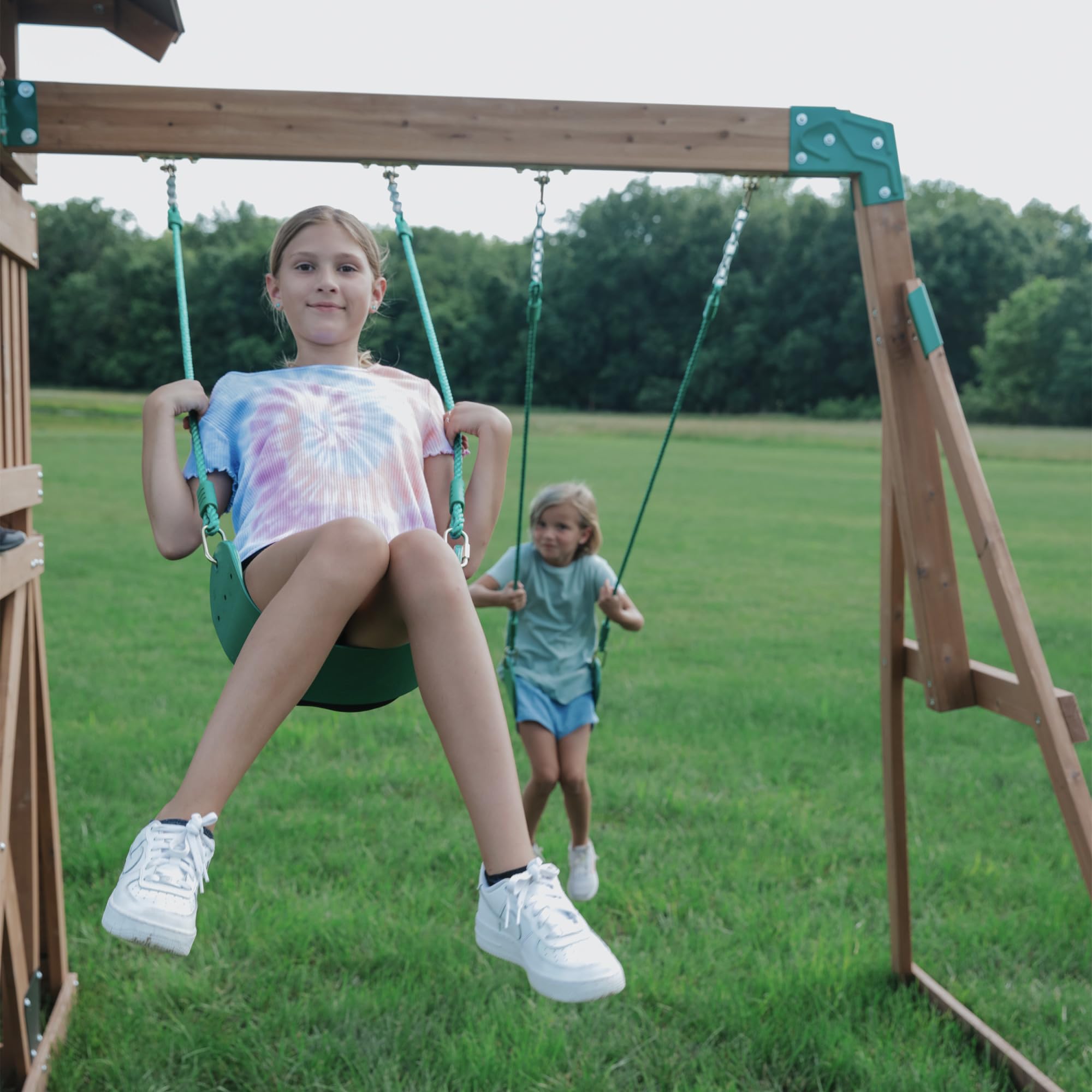Cedar Wood Swing Set with Wave Slide Rock Wall Sandbox