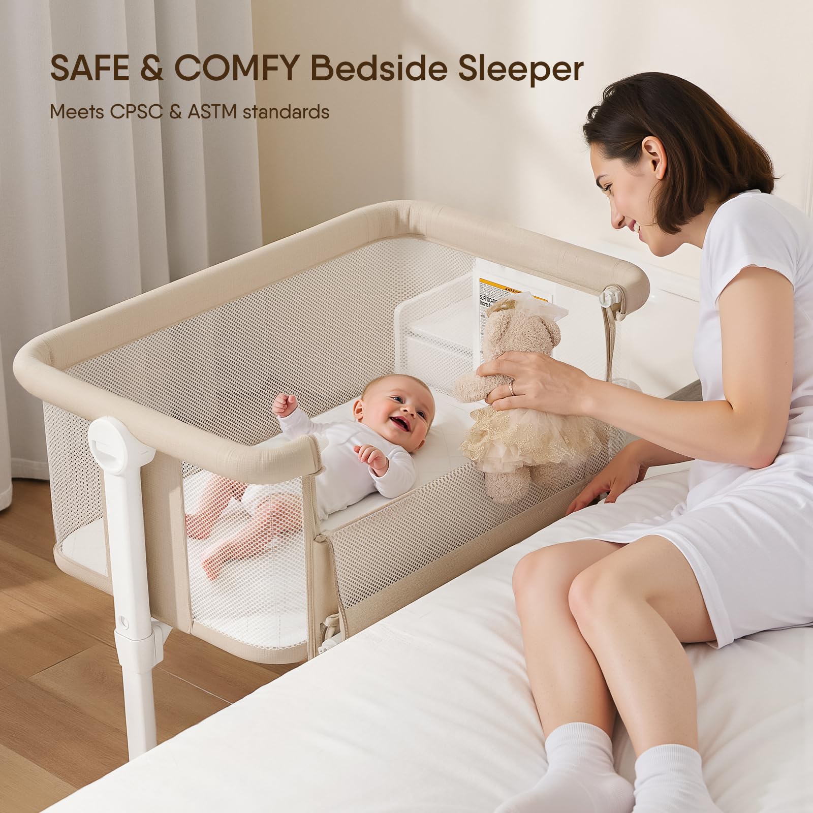 Bedside Bassinet with Breathable Mesh and Adjustable Height