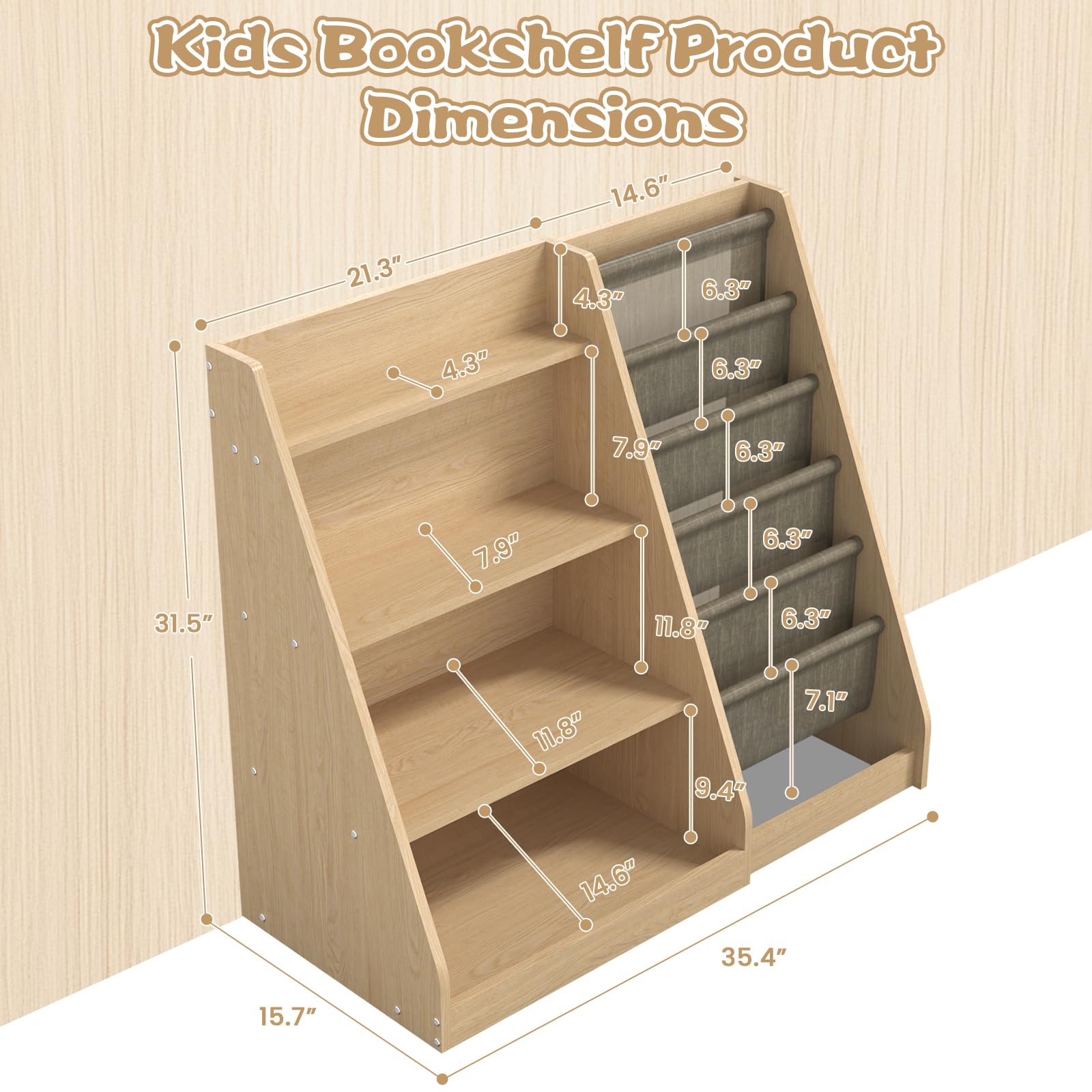 Montessori Kids Bookshelf with Toy Storage