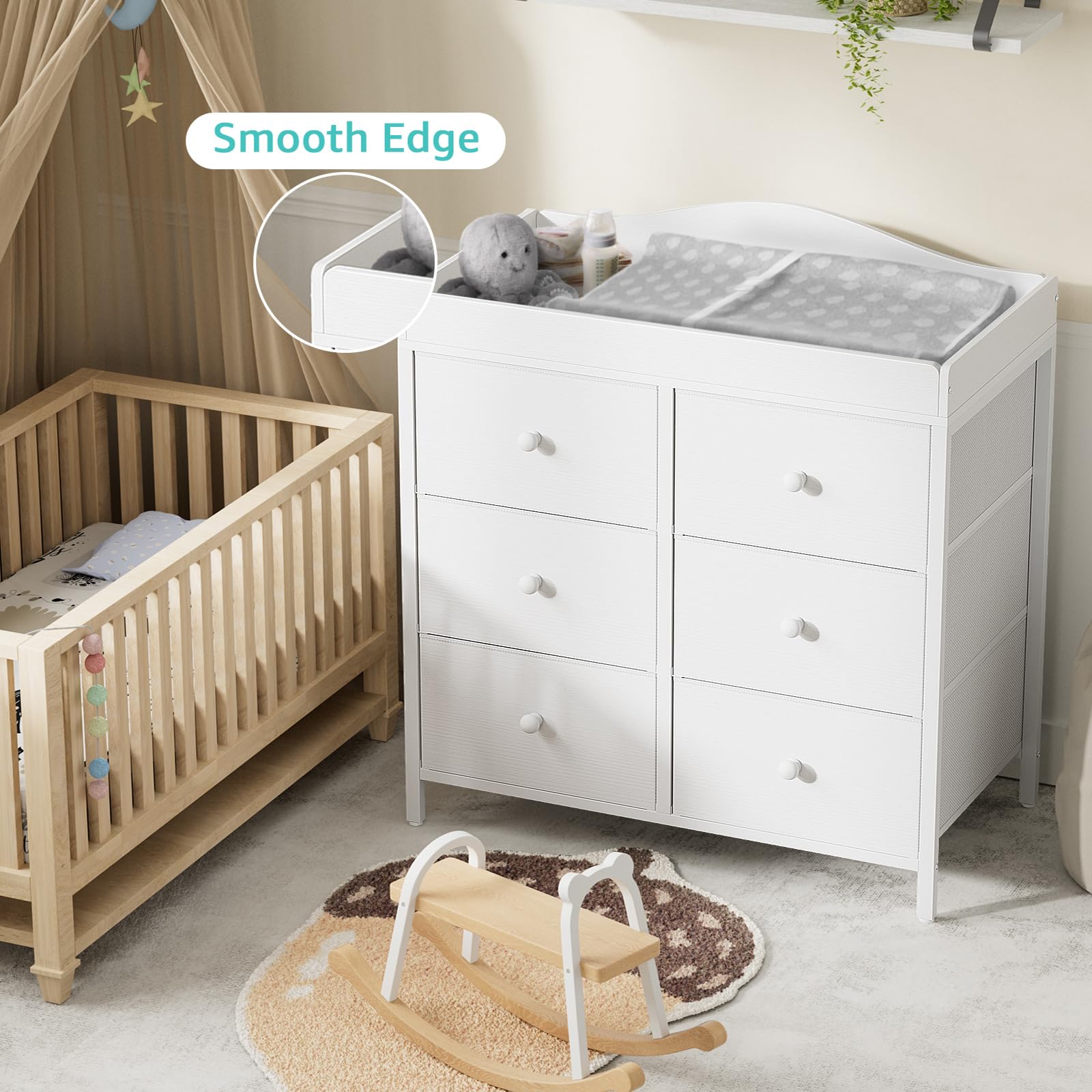Changing Table Dresser with 6 Fabric Drawers