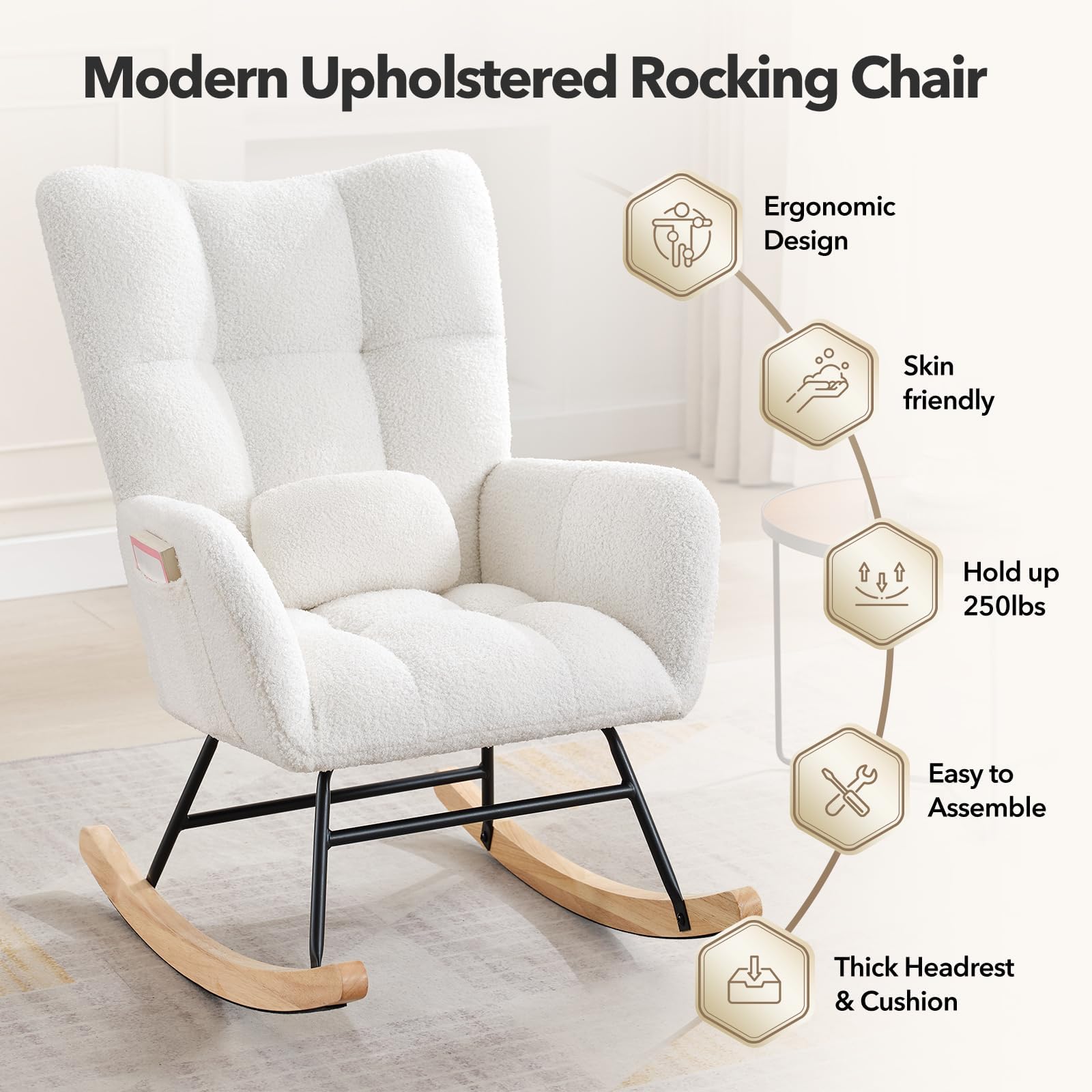 Rocking Chair with High Back and Side Pockets for Nursery
