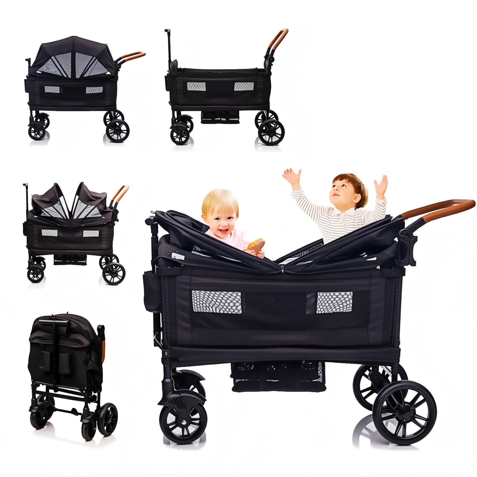SPWVIP Stroller Wagon for 2 Kids- Lightweight Travel Folding Push Pull Baby Wagon for Newborn&Toddler with 5-Point Harness,Adjustable Canopy,Tray Table,Cup Holder,Storage Pocketsets