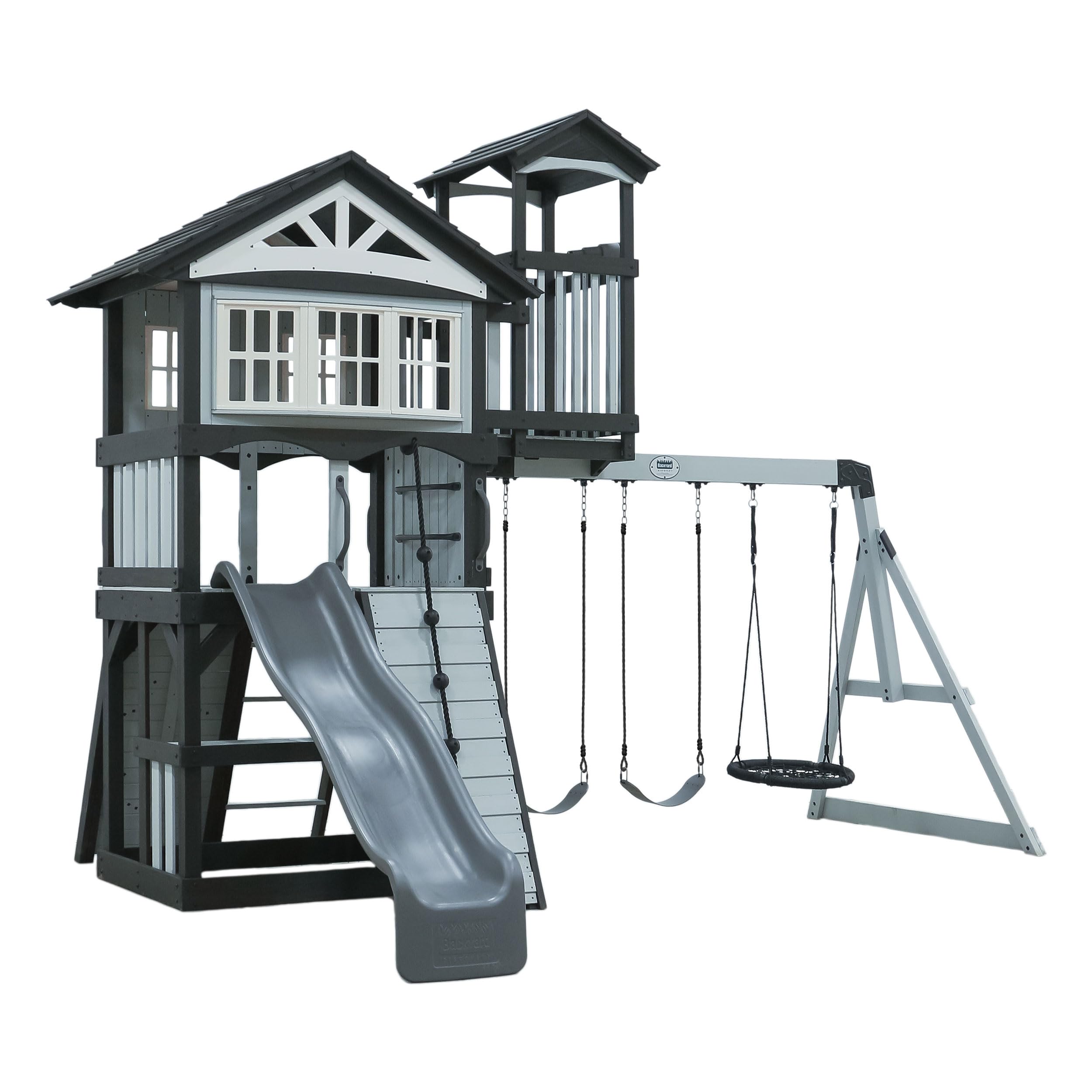 Discovery Whispering Point Light Gray Cedar Wood Swing Set with Wave Slide