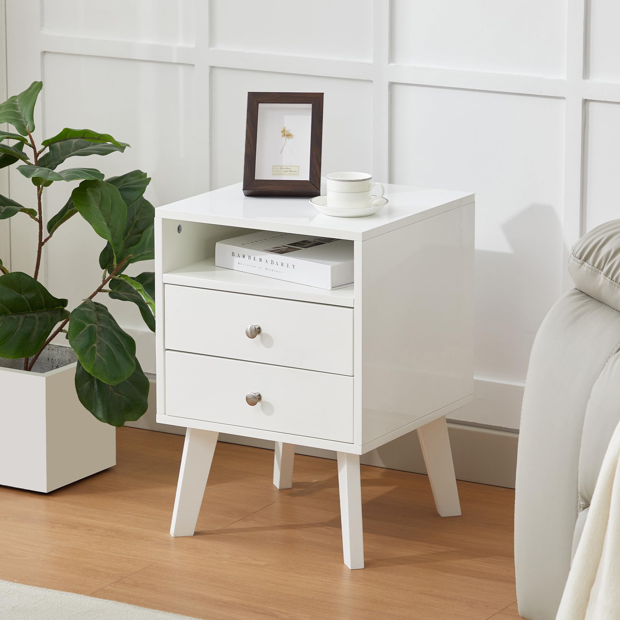 White Nightstand with 2 Drawers and Open Shelf Wooden Bed Side