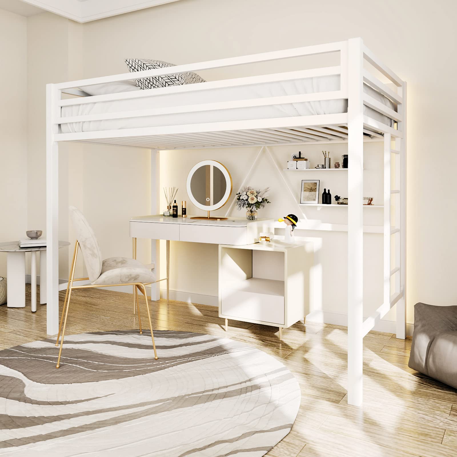 Metal Loft Bed Twin Size with Safety Guardrail and Ladder