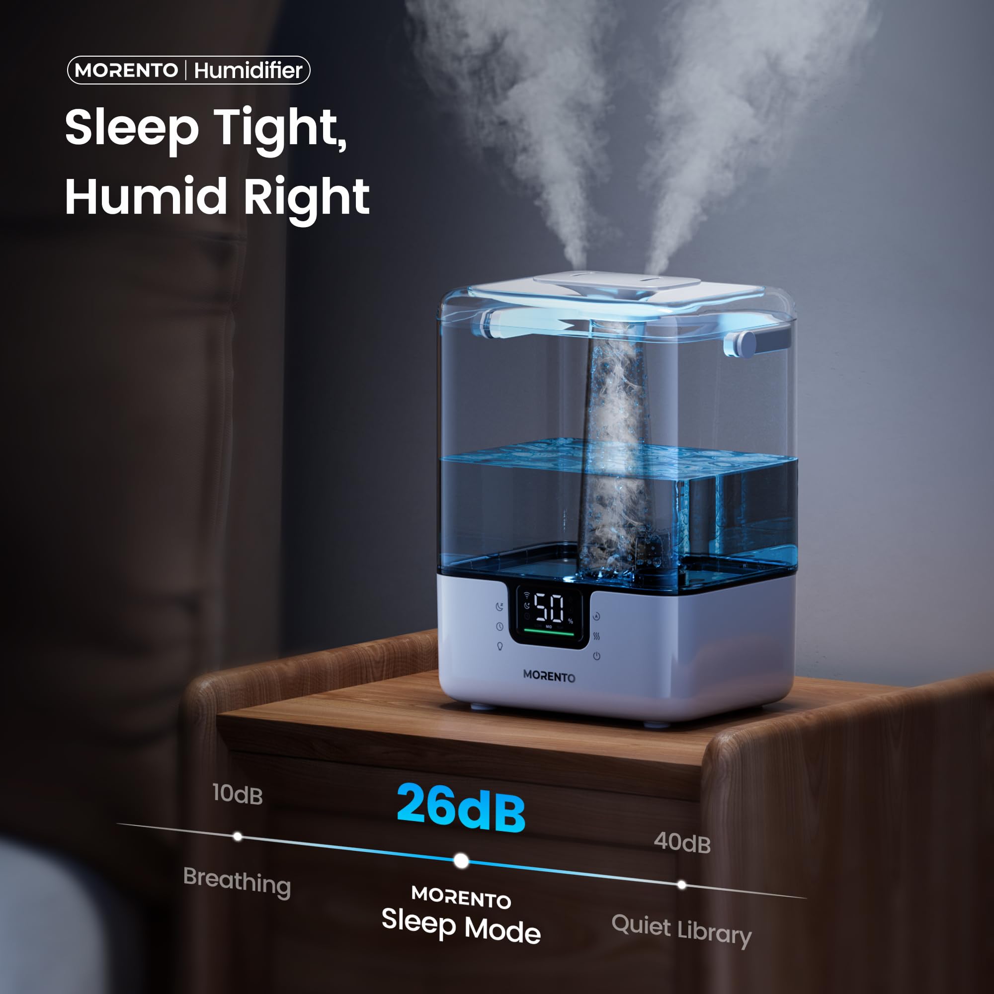 MORENTO Smart Humidifiers for Bedroom Large Room Home, 6L Cool Mist Top Fill Humidifier with Essential Oil Diffuser, Smart App & Voice Control, for Nursery & Plants, White, 1 Pack + 7 Color NightLight