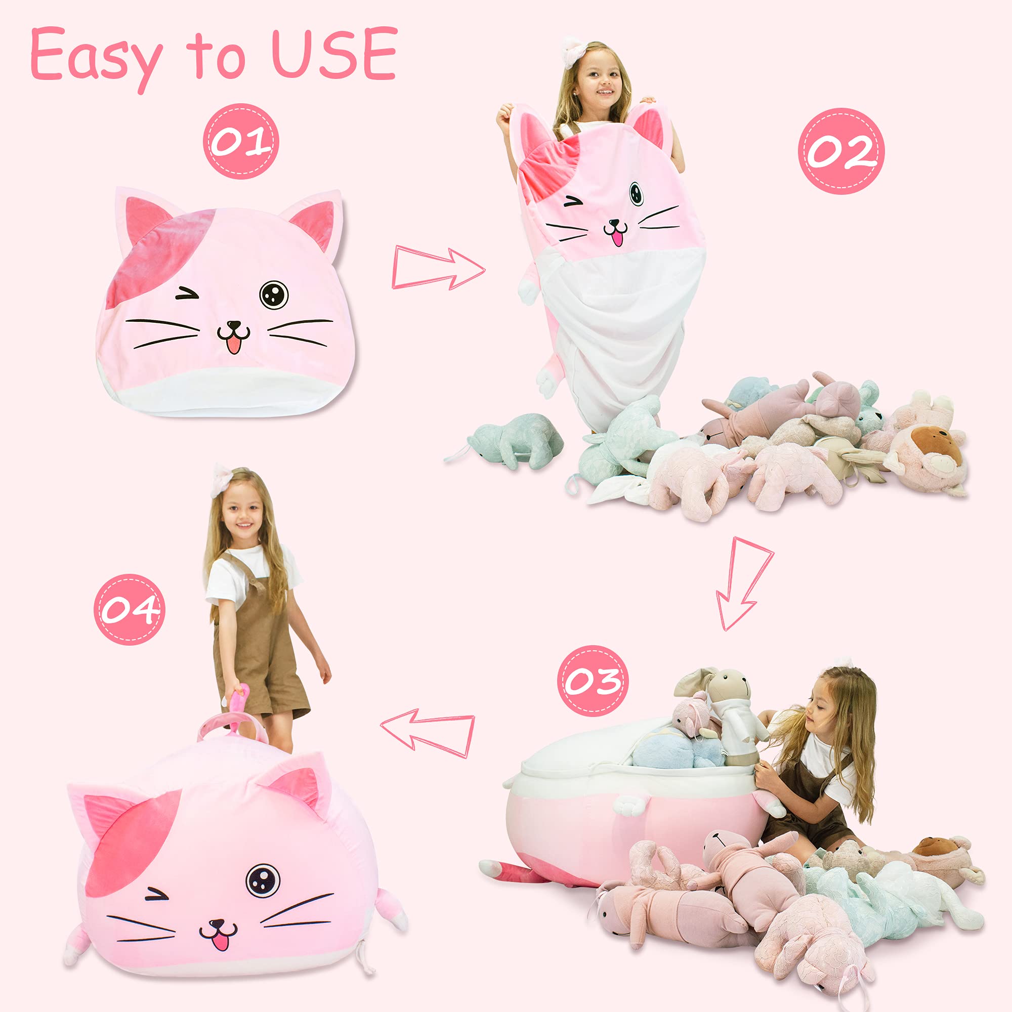 Pink Cat Bean Bag Chair Storage for Kids