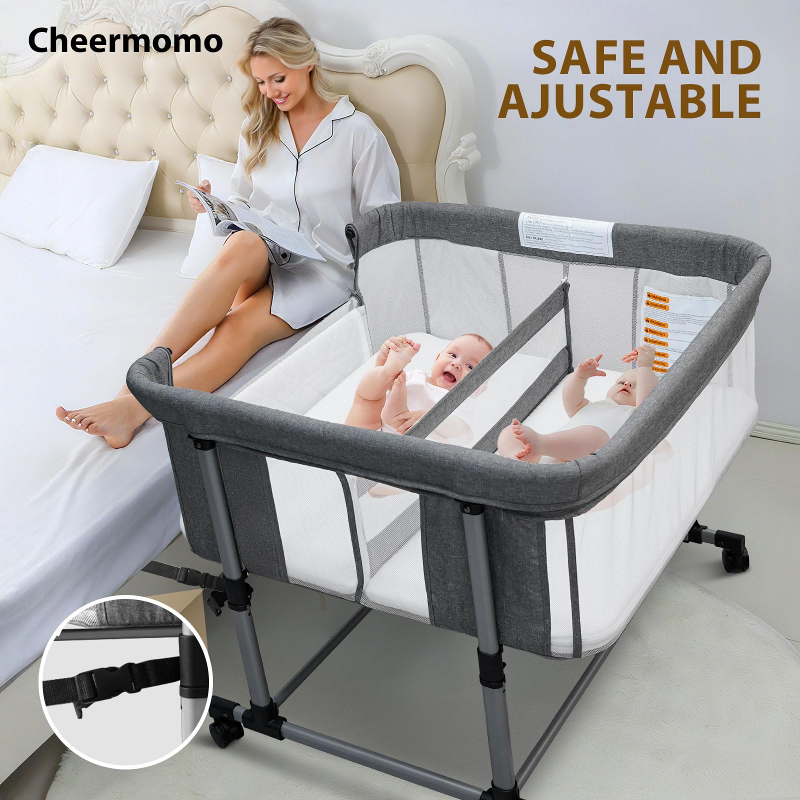 Twin Bassinet for Babies with Wheels and Adjustable Height