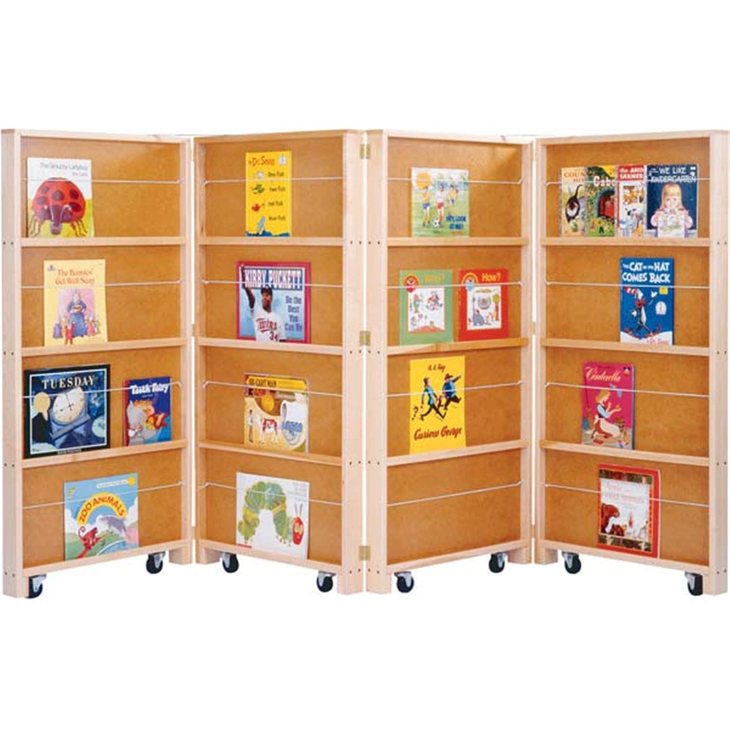 Folding Mobile Room Divider Bookcase & Bookshelf, 4 Wooden Storage Panels - 0267JC