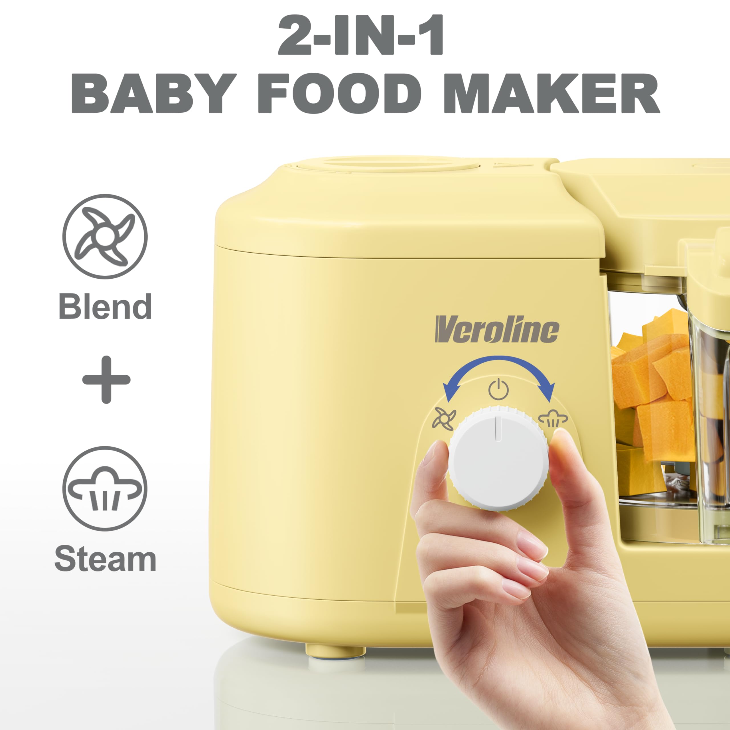 Baby Food Maker, One Button Rotate Control Baby Food Processor, Baby Puree Maker with Steaming and Grinding Functions, Baby Food Steamer and Blender, Yellow