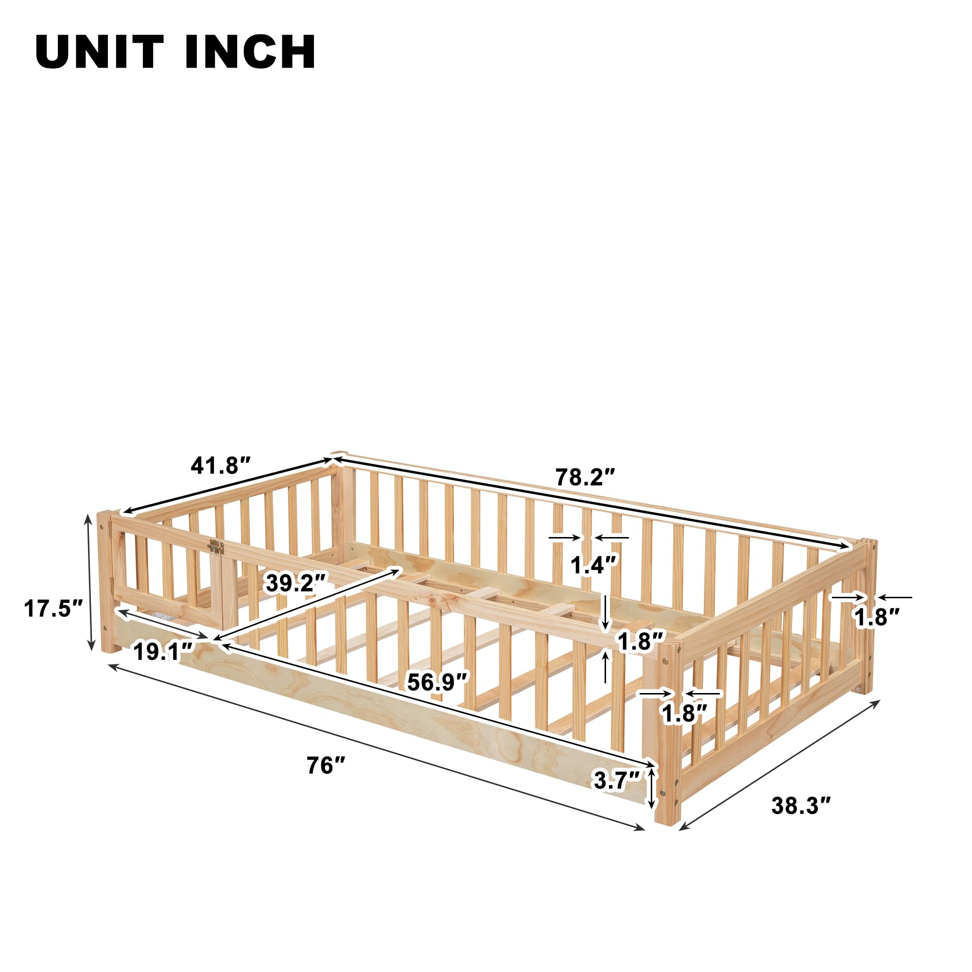 Twin Montessori Floor Bed with Safety Rails and Convertible Door