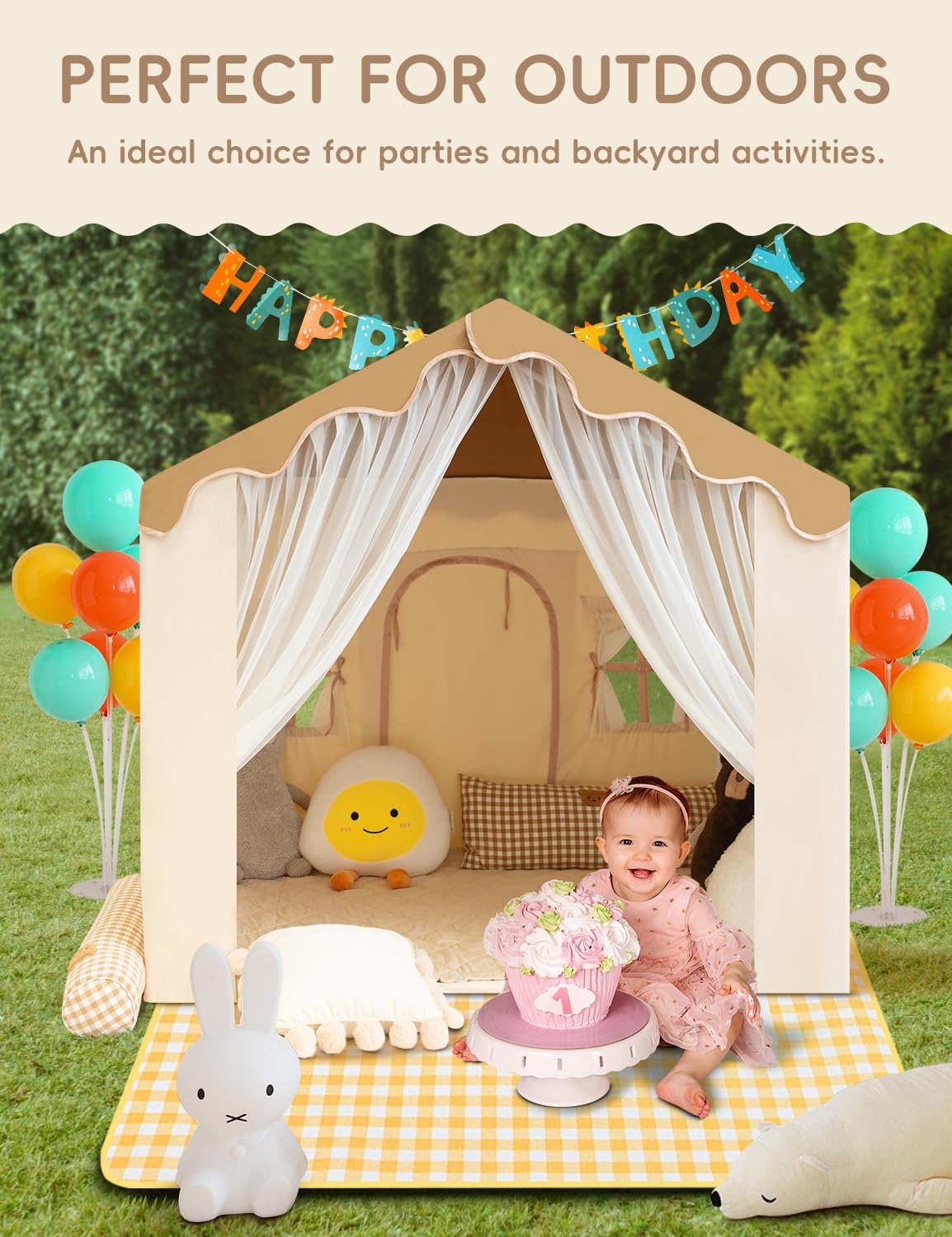 WIRHAO Kids Tent with Padded Mat Kids Playhouse Tent 2 in 1, Play Tent Large Space Indoor with 2 Doors and 4 Windows for Girls Boys with Stars Lights, Carry Bag, Banner Flag (Brown, 2 in 1)