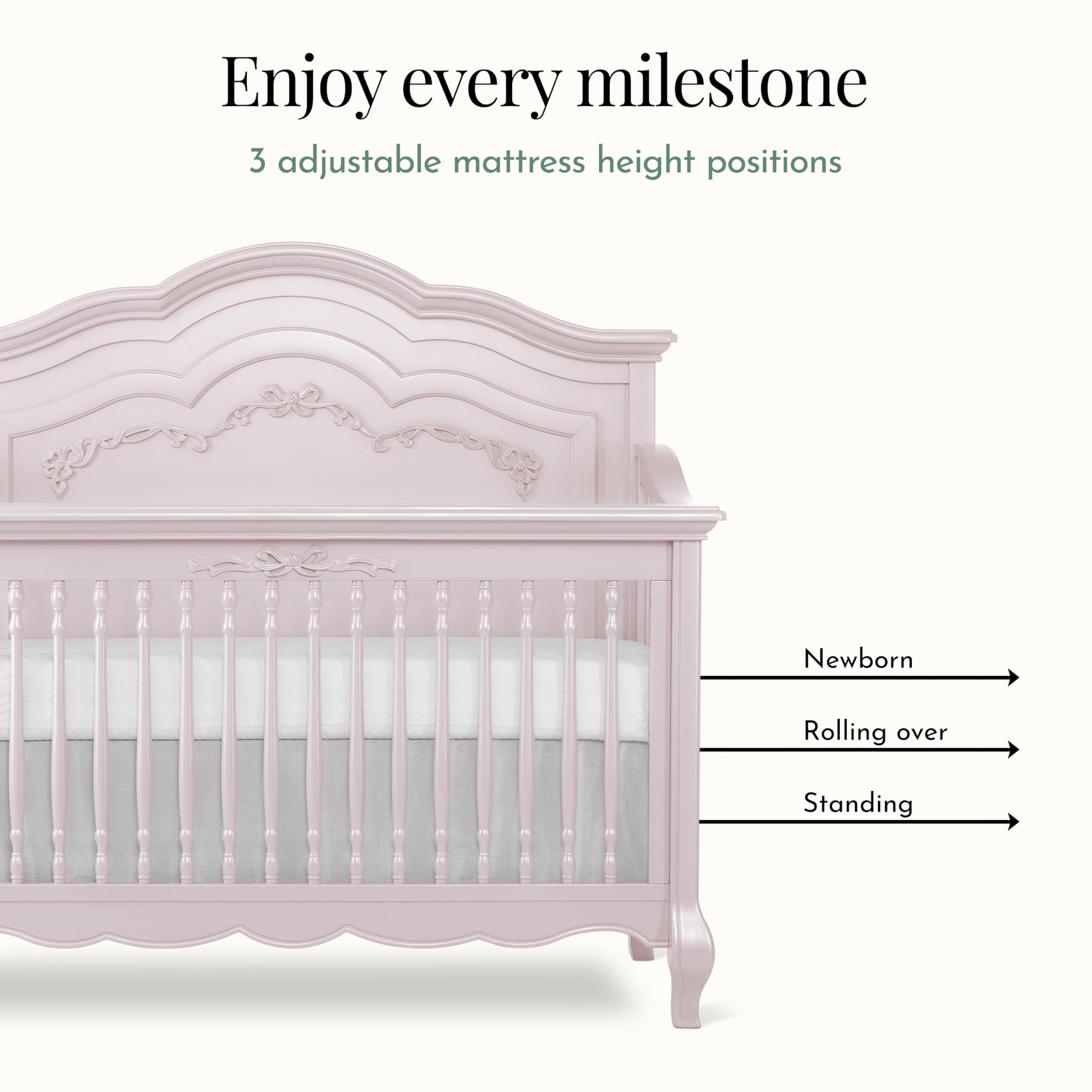 Aurora 5-in-1 Convertible Crib with Ribbon Bow Scrollwork