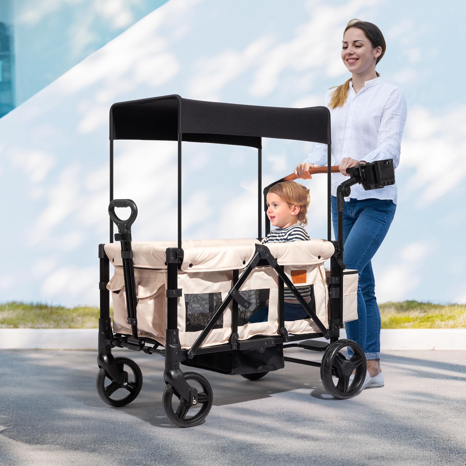 Wagon Stroller for 2 Kids, All-Terrain Wagon for Kids with Footwell, Canopy, Parent Organizer
