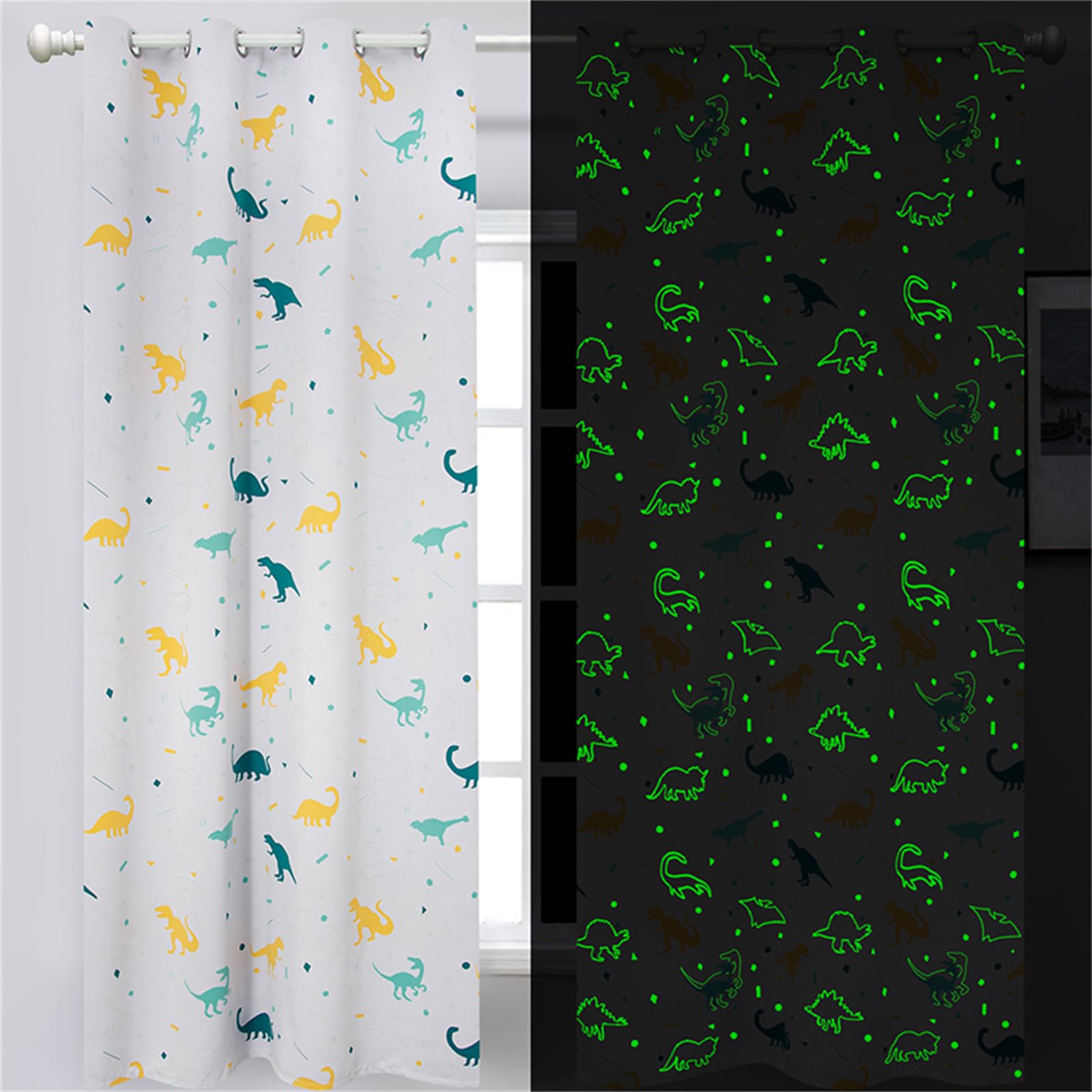 Curtains for Boys Bedroom Glow in the Dark Cartoon Rod Pocket