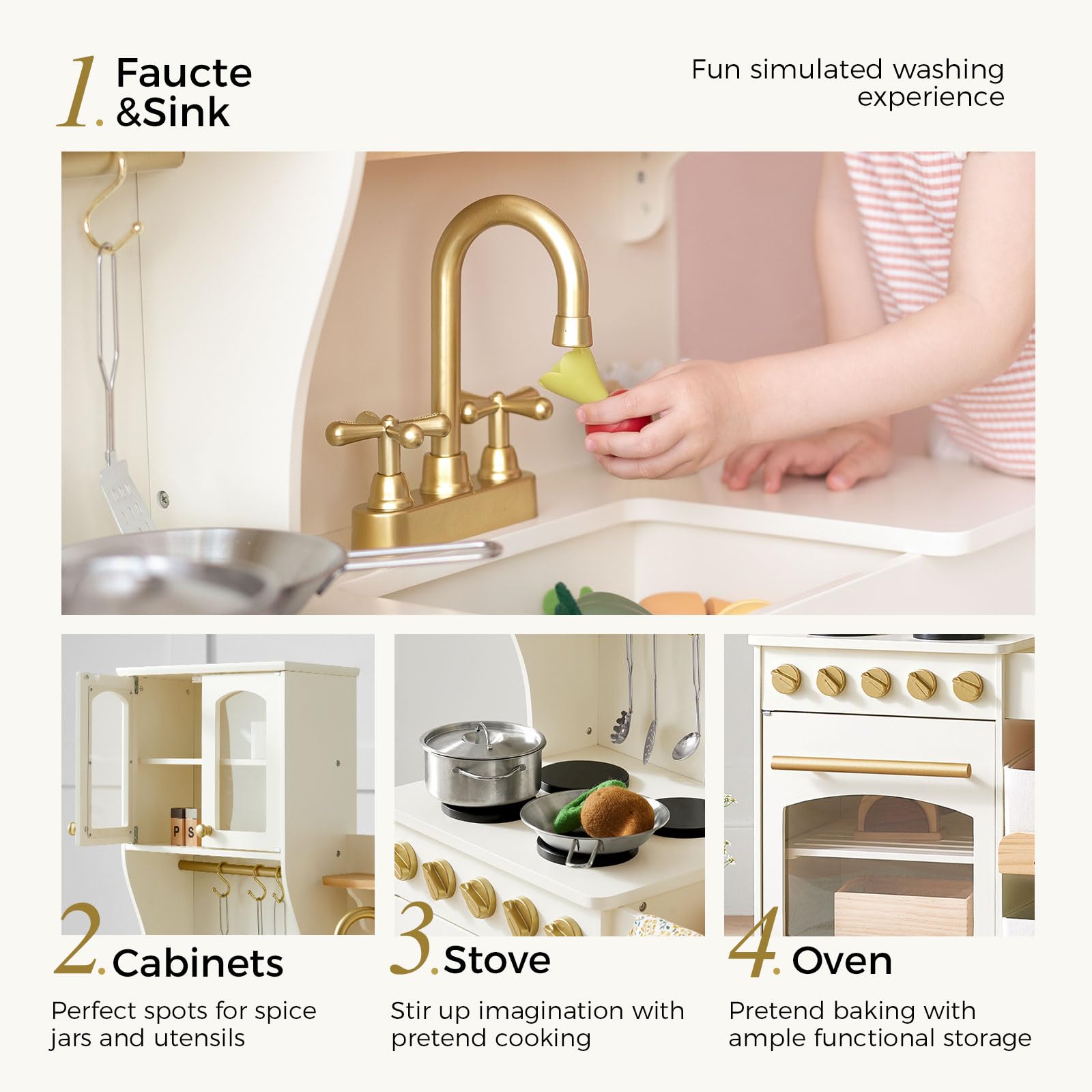 Tiny Land Play Kitchen for Kids with Storage System, Toy Kitchen Set with Plenty of Play Features Gift for Ages 3+