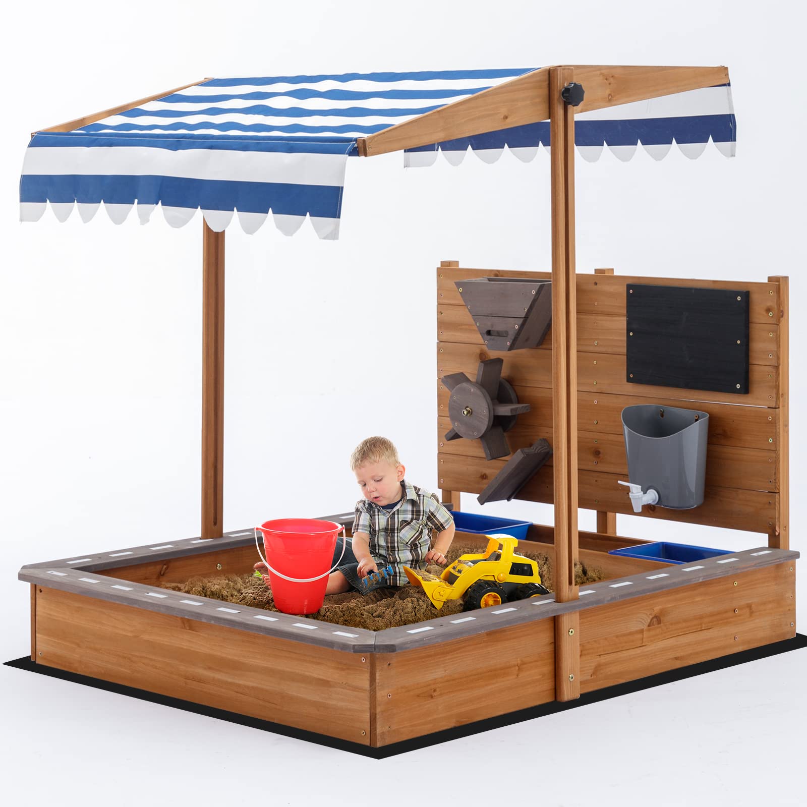 Kids Large Wooden SandBoxes with Roof, Pipleo Outdoor Sand Box Play w/Canopy for Backyard Garden Beach, Sand Pit for Beach Patio Outdoor, [Adjustable Cover & Funnel & Drawing Board] - Brown Oak